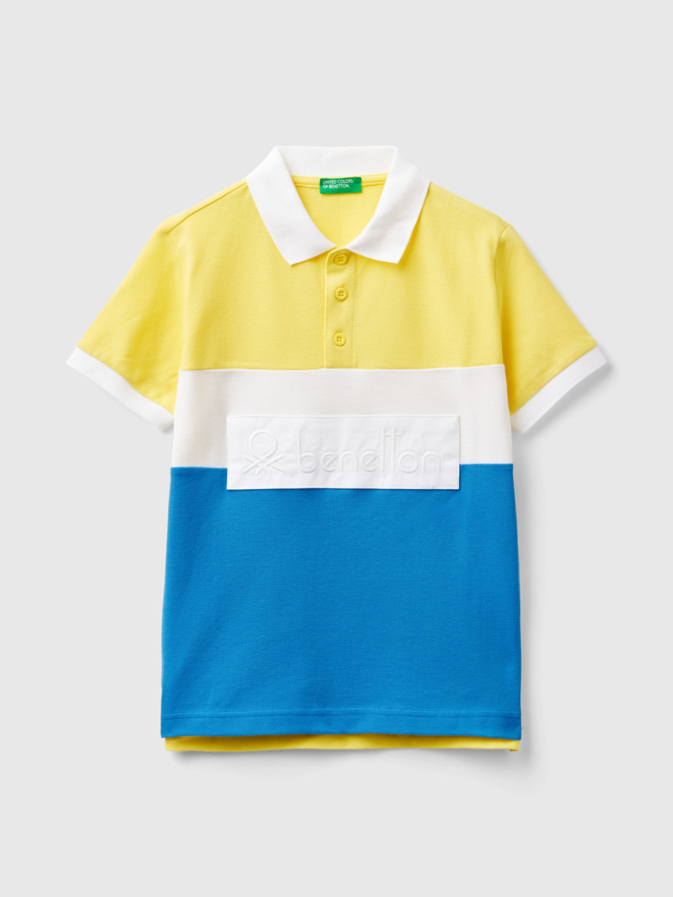 Benetton, Color Block Polo Shirt In Organic Cotton, Yellow, Kids