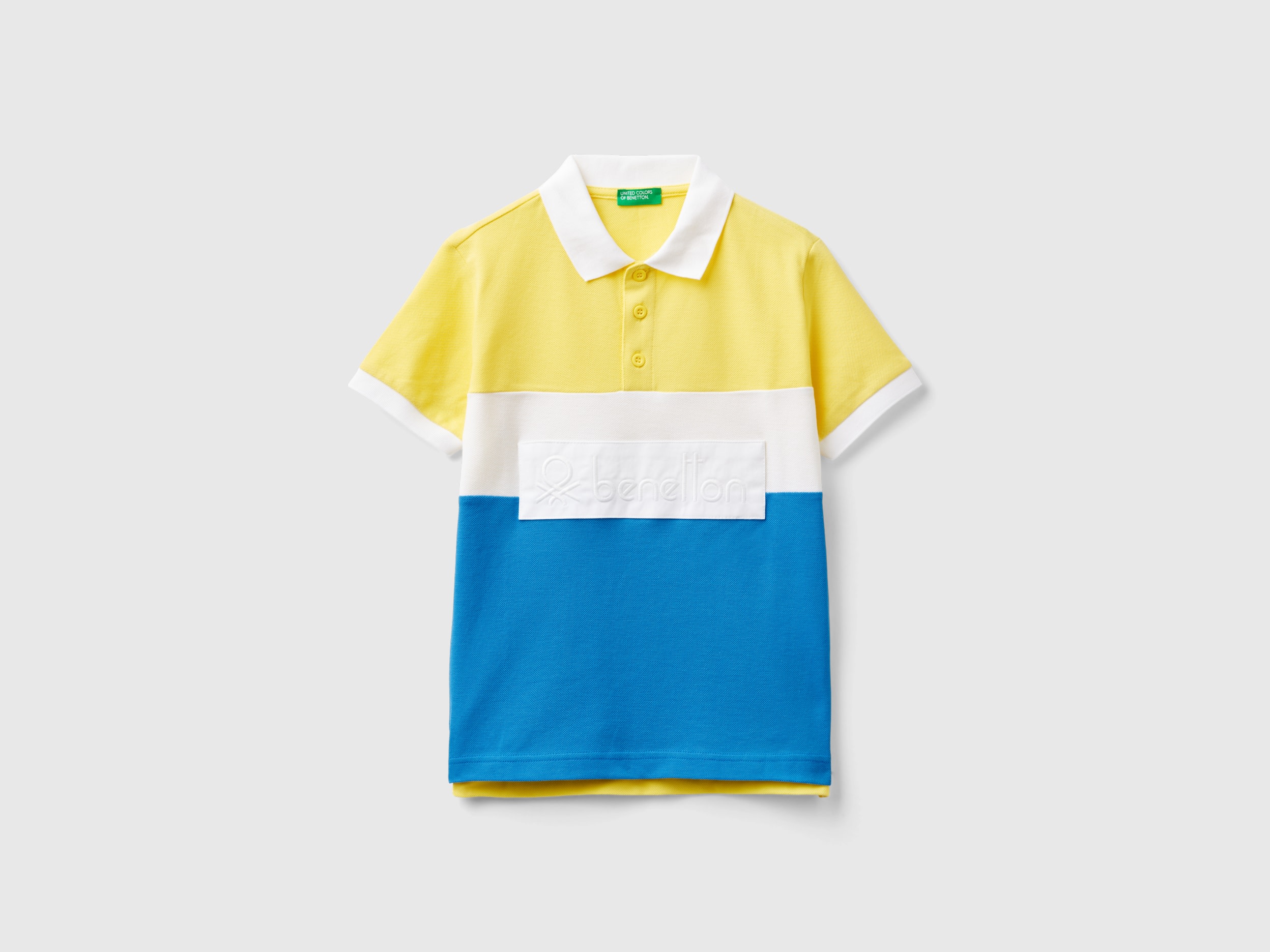 Image of Benetton, Color Block Polo Shirt In Organic Cotton, size 2XL, Yellow, Kids