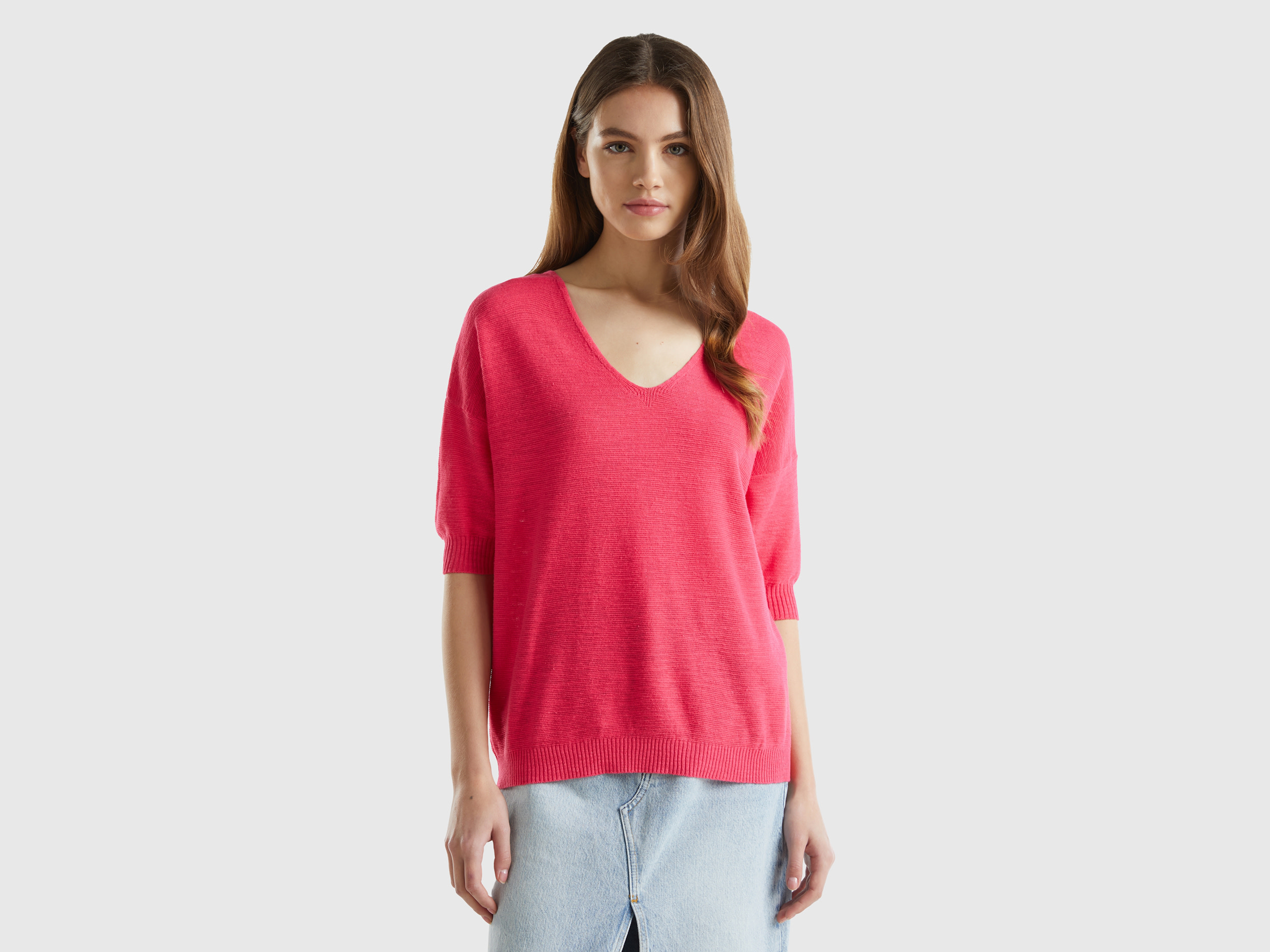 Benetton, Maglia In Misto Cotone E Lino, Fucsia, Donna