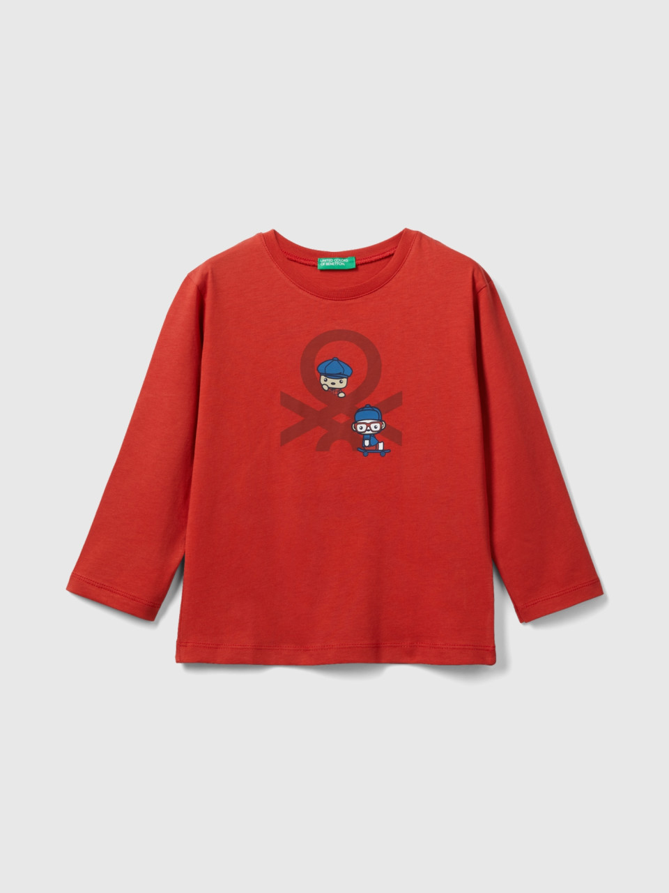 Benetton, Camiseta De Manga Larga De Algodón Orgánico, Rojo Teja, Niños