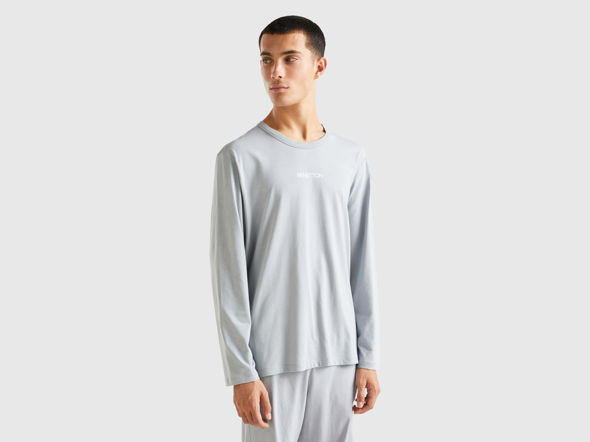 Benetton, Long Sleeve 100% Cotton Top, size S, Light Gray, Men
