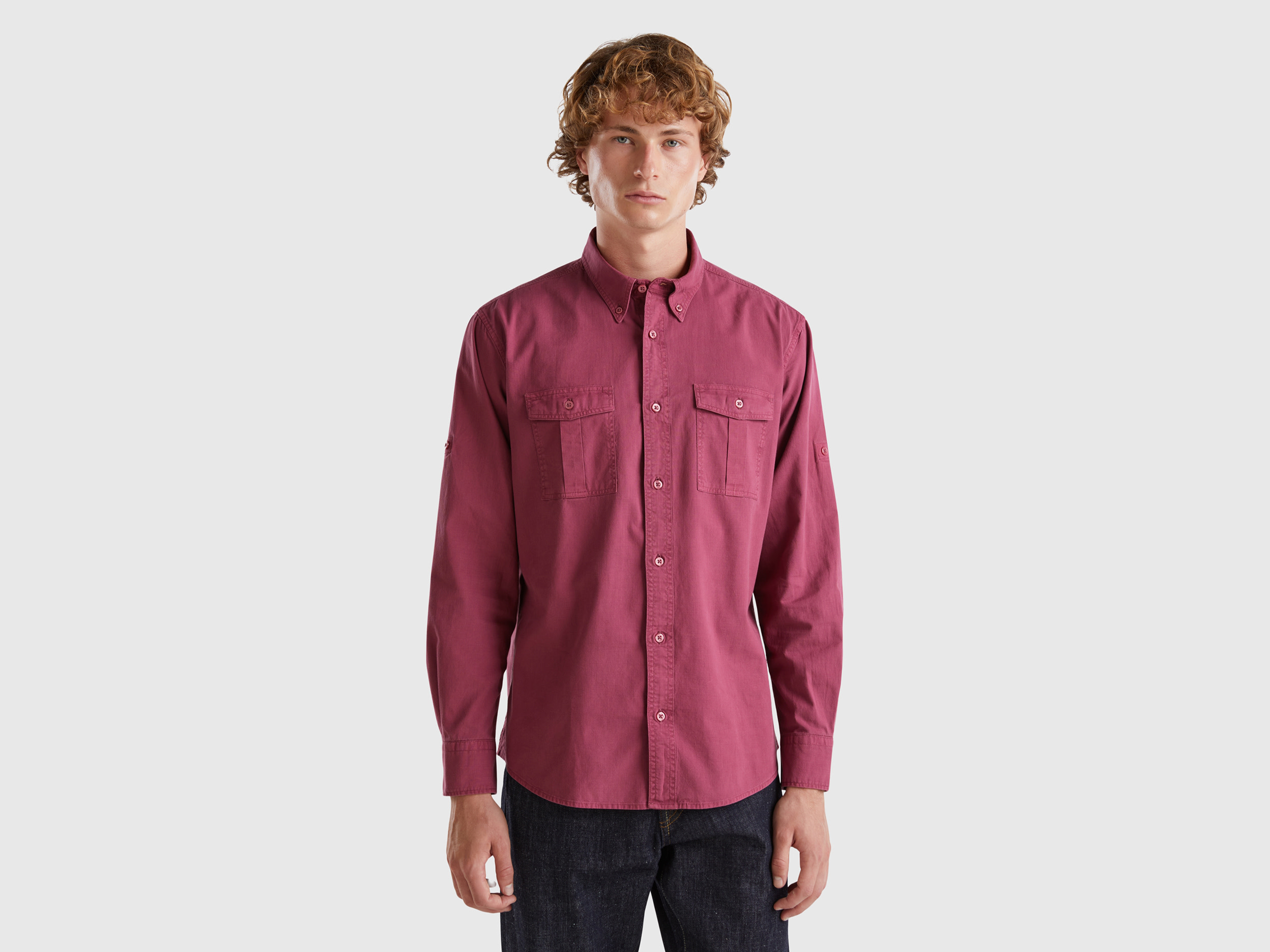 Benetton, Camicia Slim Fit Button Down, Bordeaux, Uomo