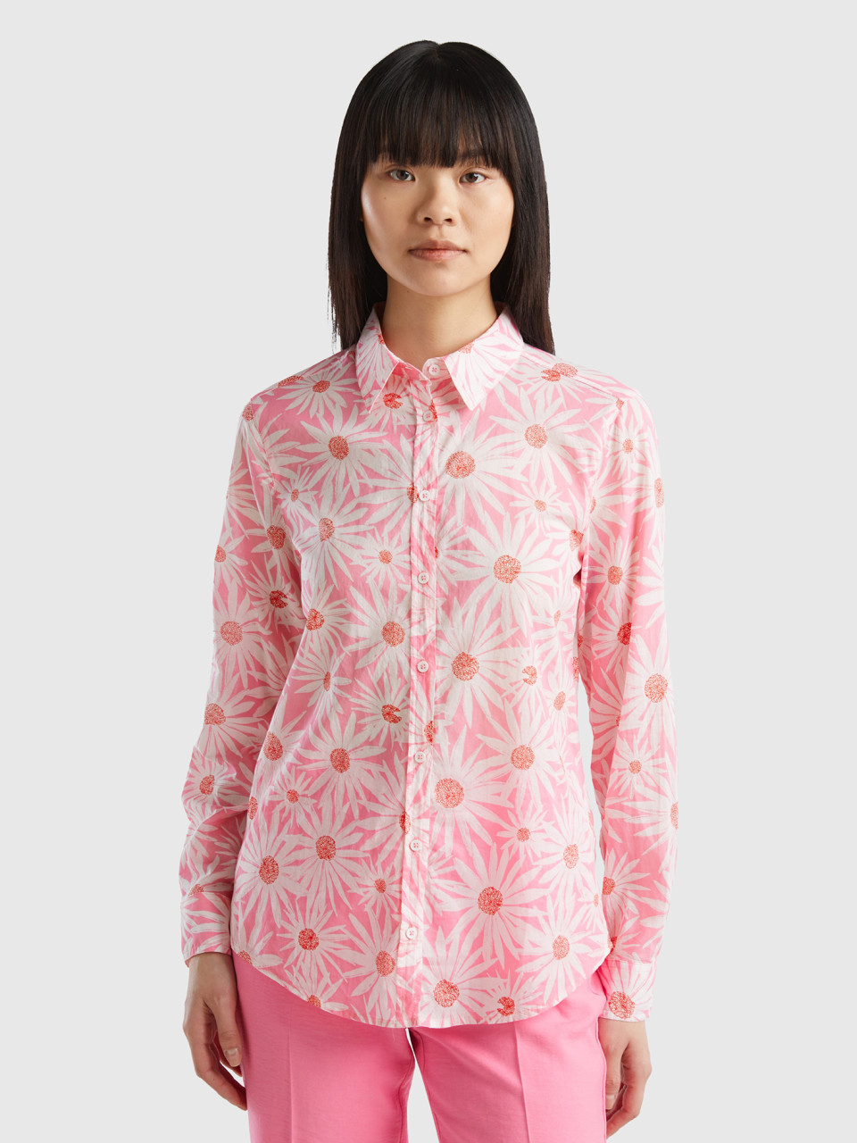 Benetton, 100% Cotton Patterned Shirt, Pink, Women