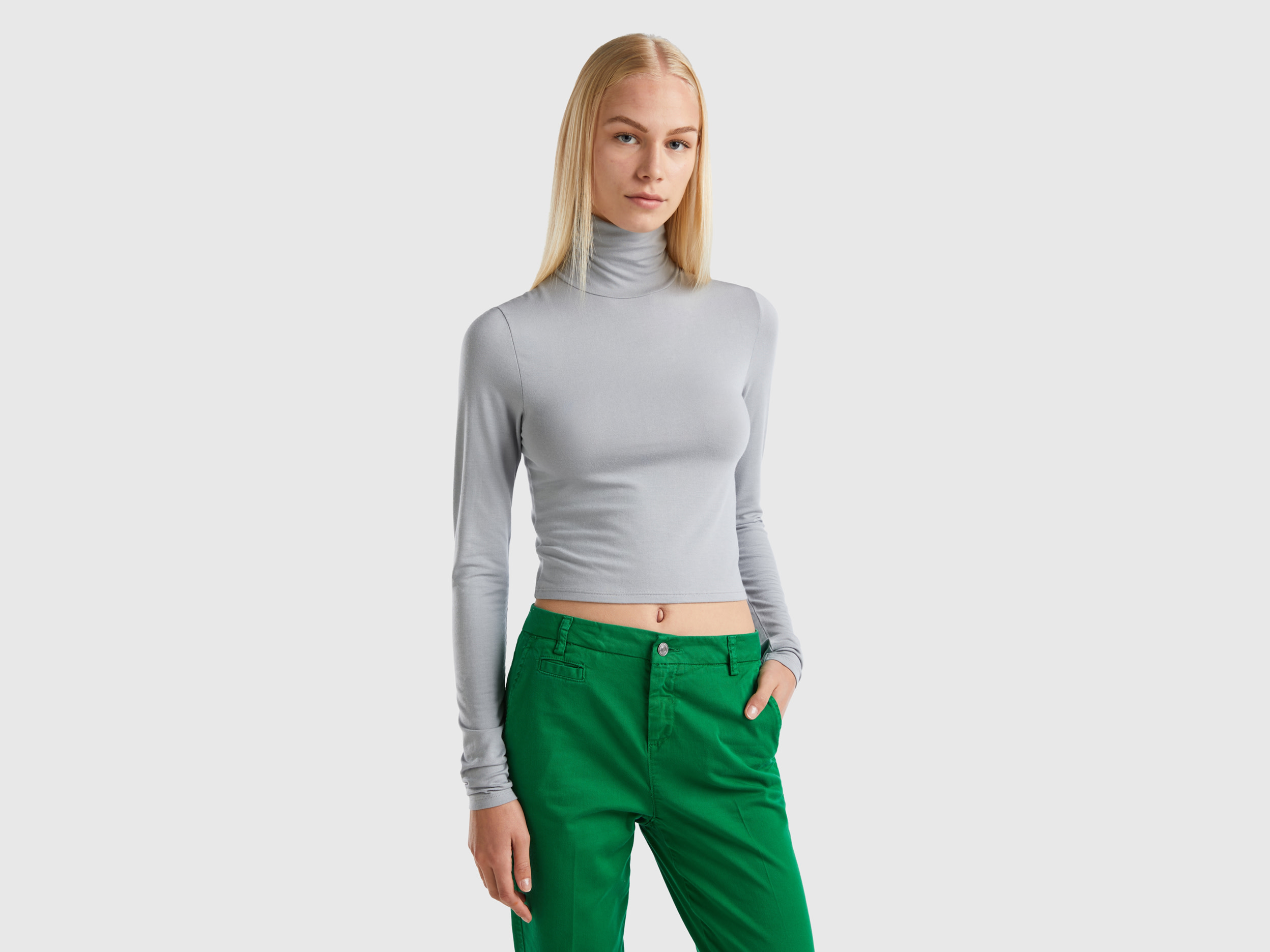 Benetton, T-shirt With High Neck, size XS, Light Gray, Women