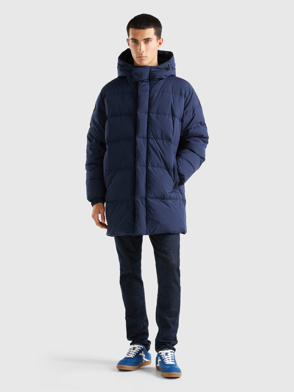 Benetton, Long Padded Jacket With Recycled Feathers, Dark Blue, Men