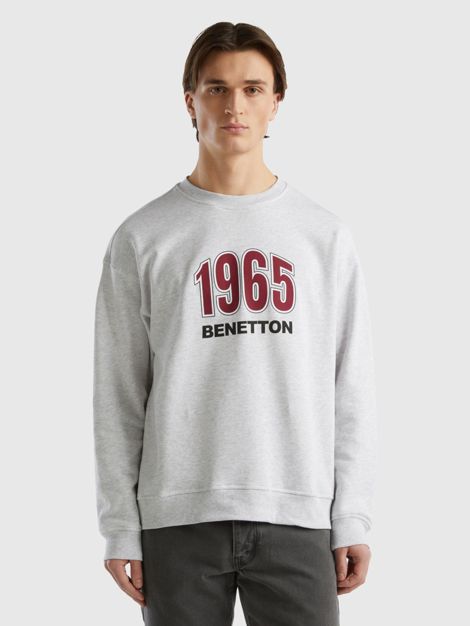 Benetton, Crew Neck Sweatshirt With Logo Print, Light Gray, Men