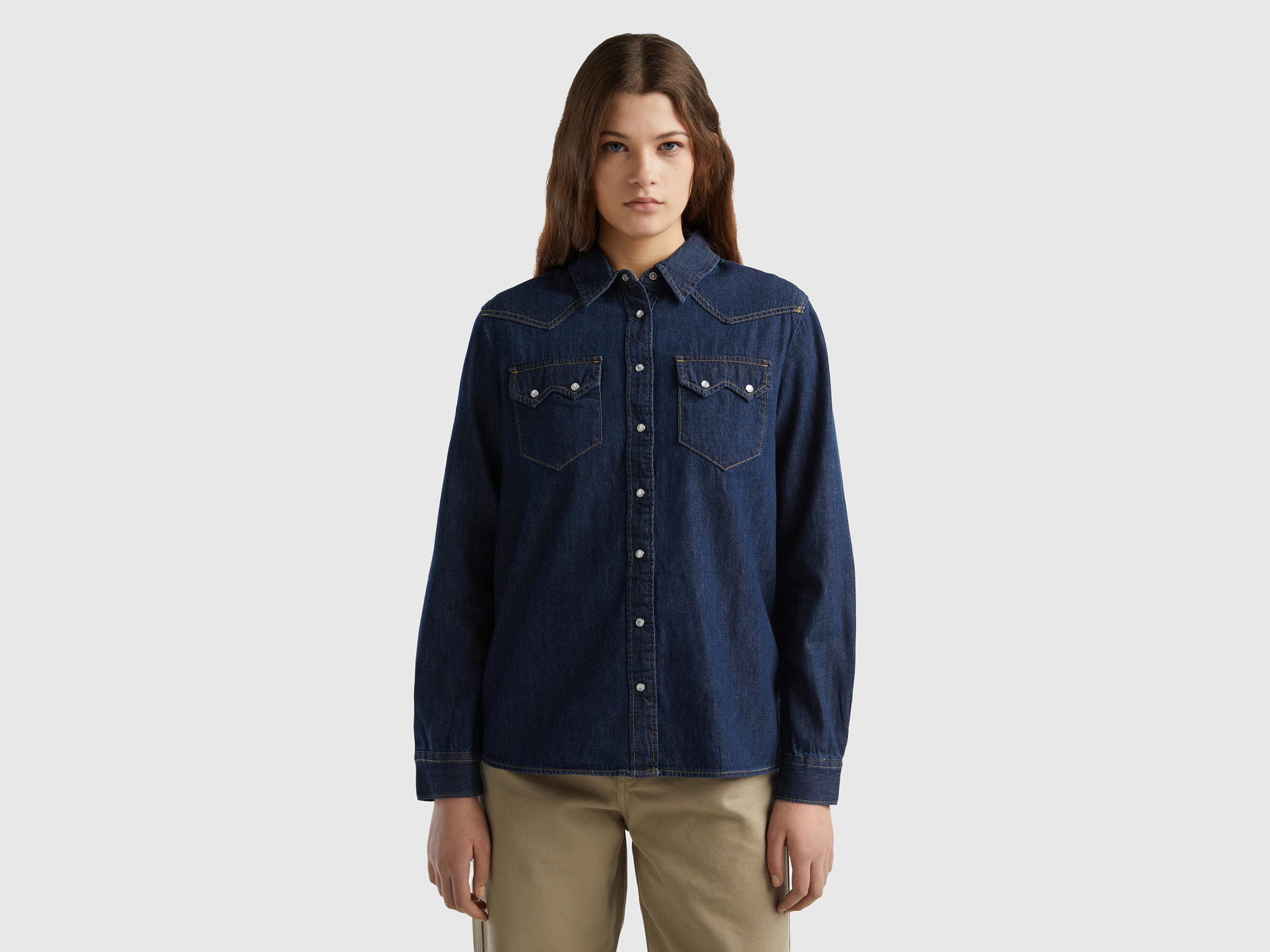 Benetton, Camicia Western Di Jeans, Blu, Donna