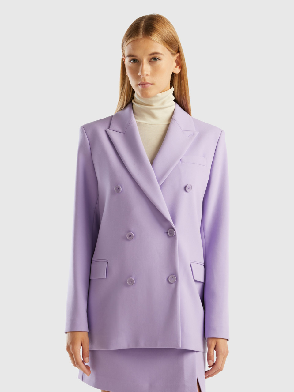 Benetton, Double-breasted Jacket In Viscose Blend, Lilac, Women