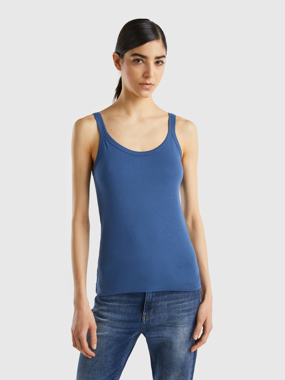 Benetton, Air Force Blue Tank Top In Pure Cotton, Air Force Blue, Women
