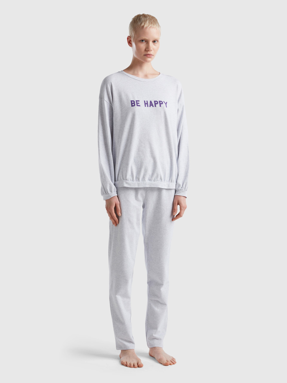 Benetton, Long Pyjamas In Warm Jersey, Light Gray, Women