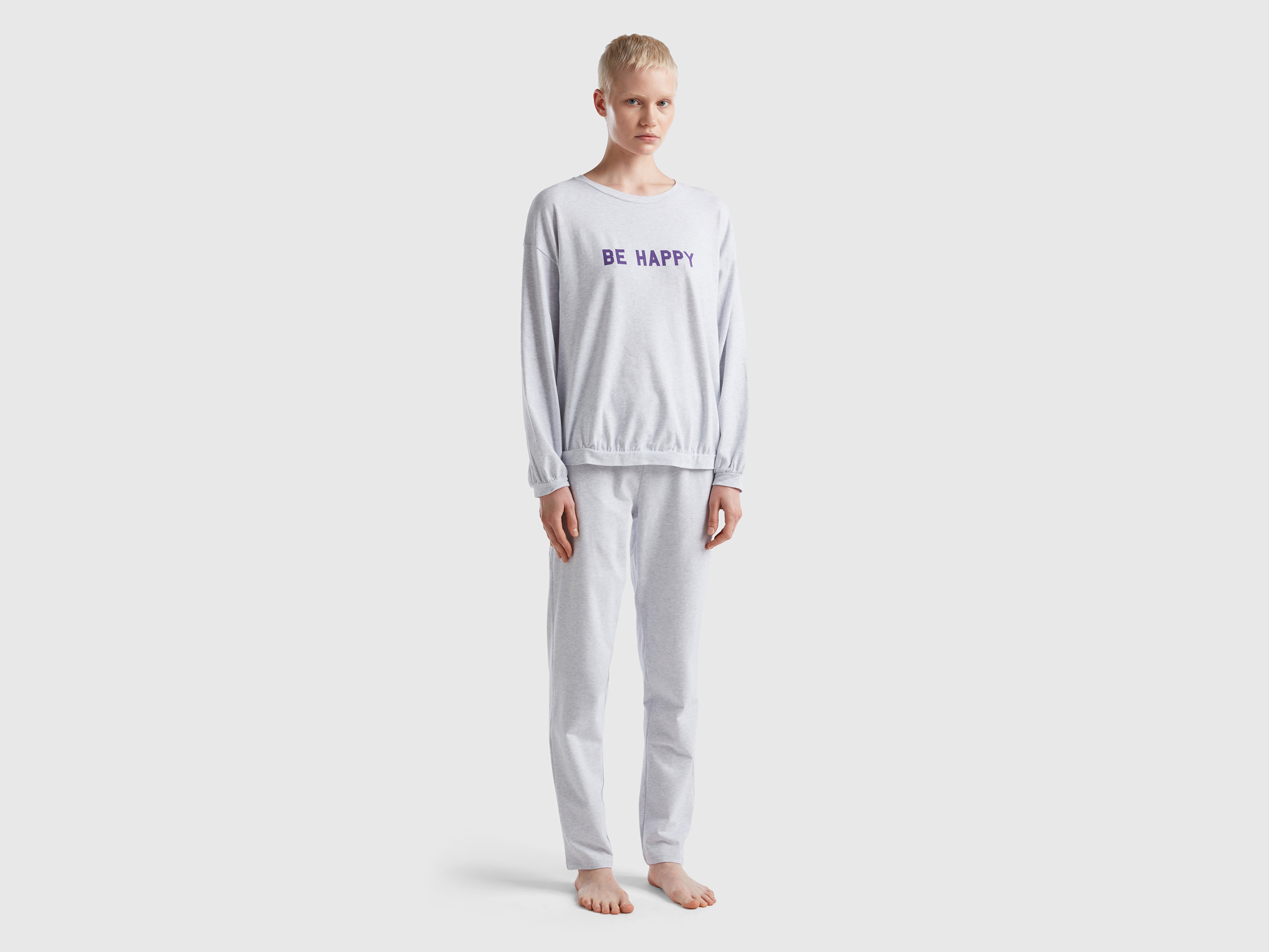 Benetton, Long Pyjamas In Warm Jersey, size L, Light Gray, Women