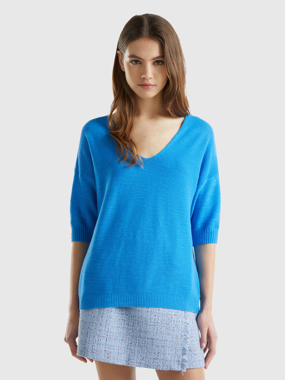 Benetton, Shirt Aus Gemischter Baumwolle Und Leinen, Blau, female