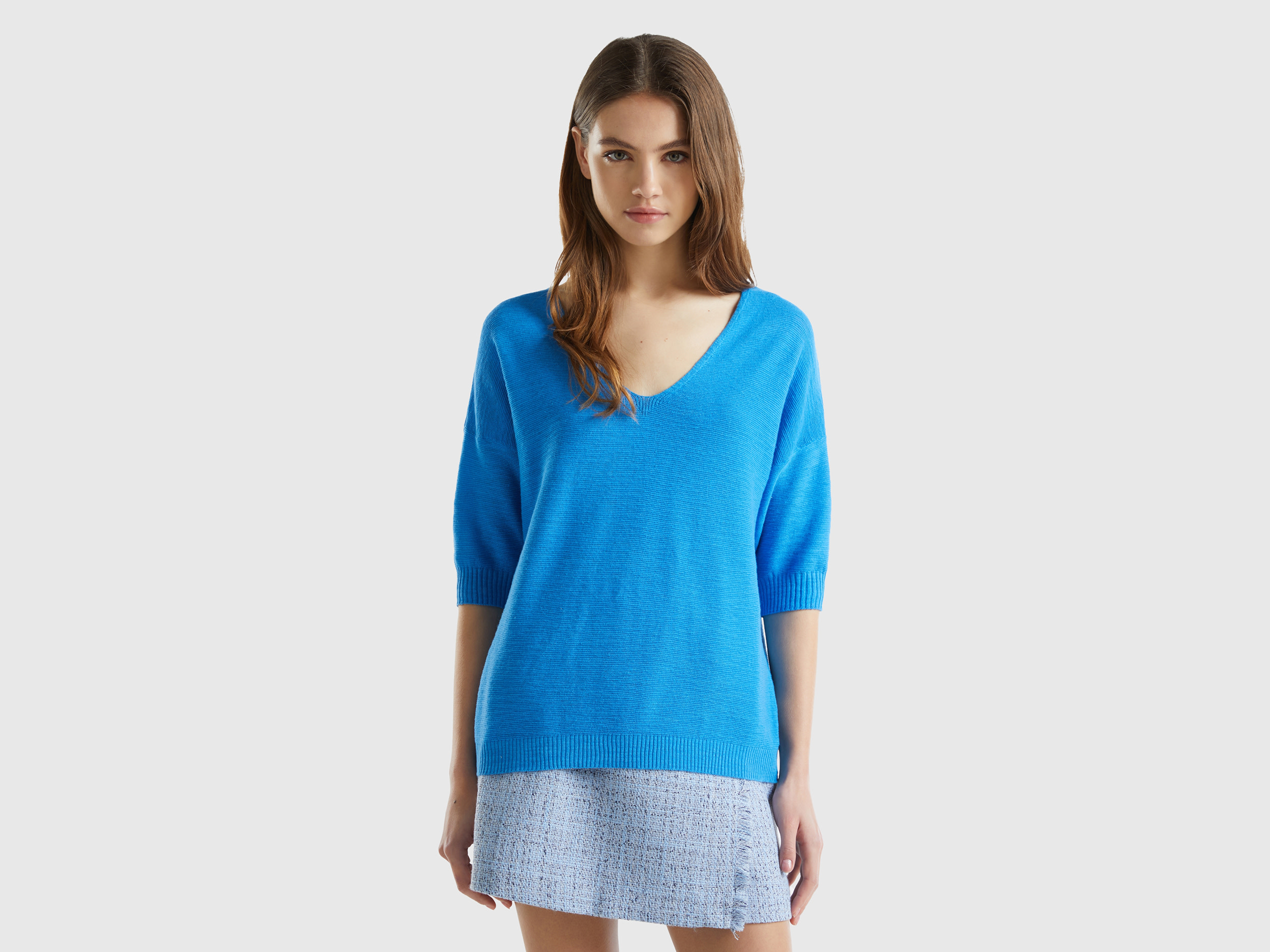Benetton, Maglia In Misto Cotone E Lino, Blu, Donna