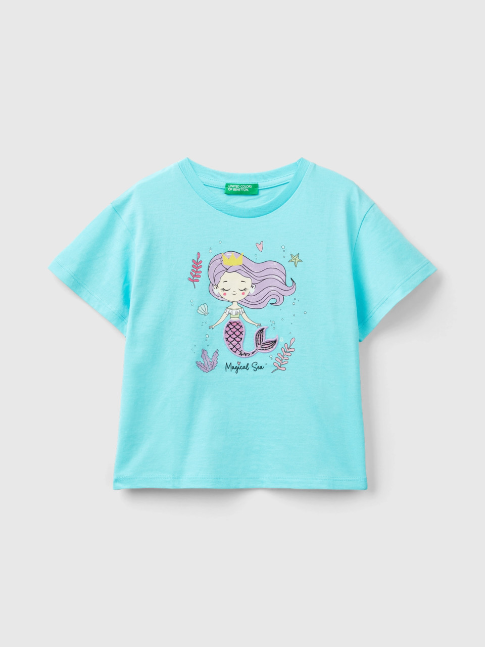 Benetton, T-shirt With Print And Patches, Turquoise, Kids