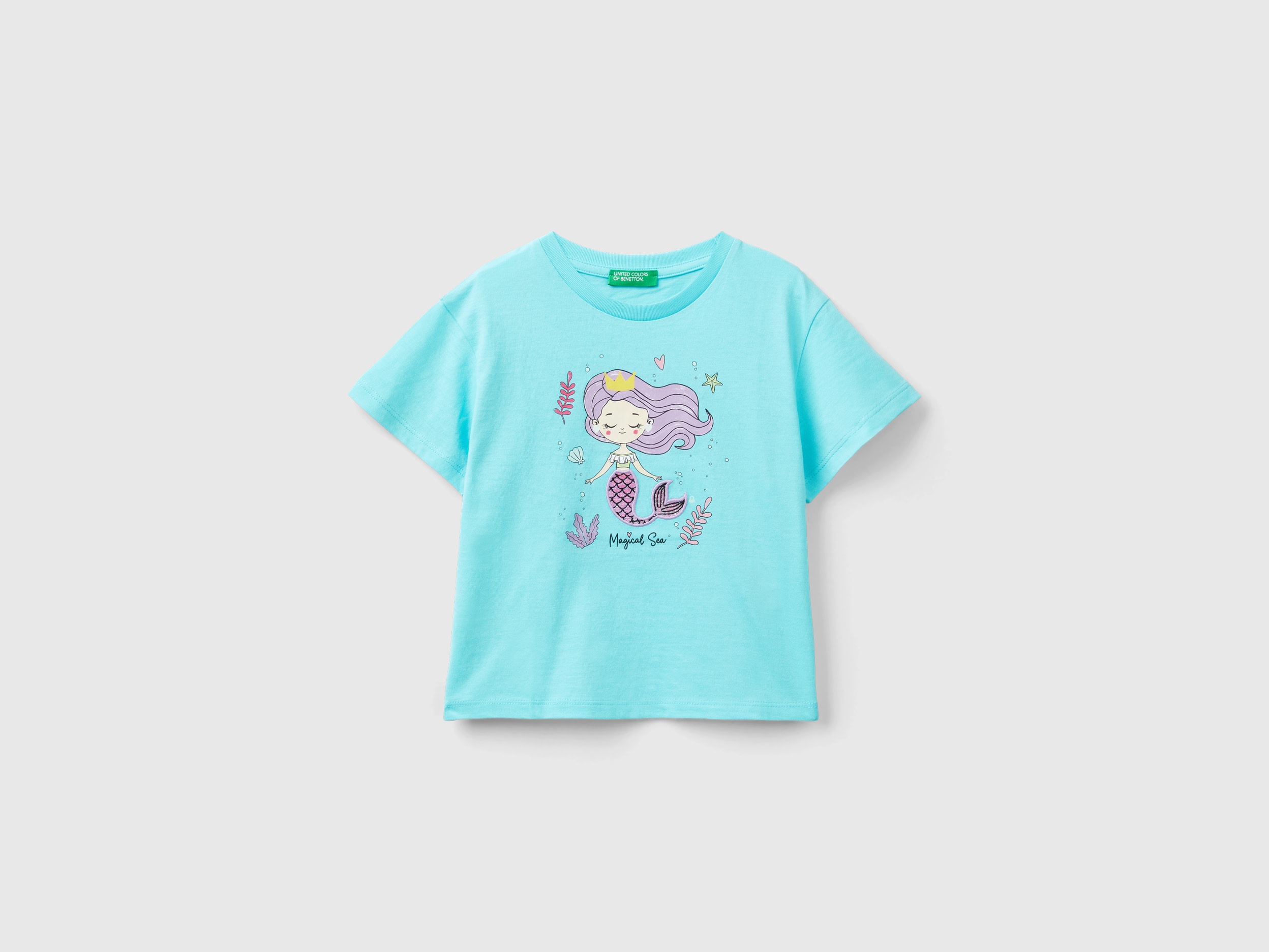 Benetton, T-shirt Con Stampa E Patch, Turchese, Bambini