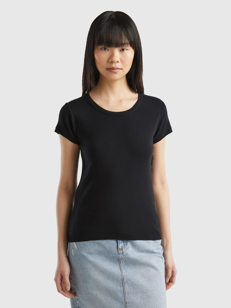 Benetton Online exclusive, Short Sleeve Sweater In 100% Cotton, Black, Women