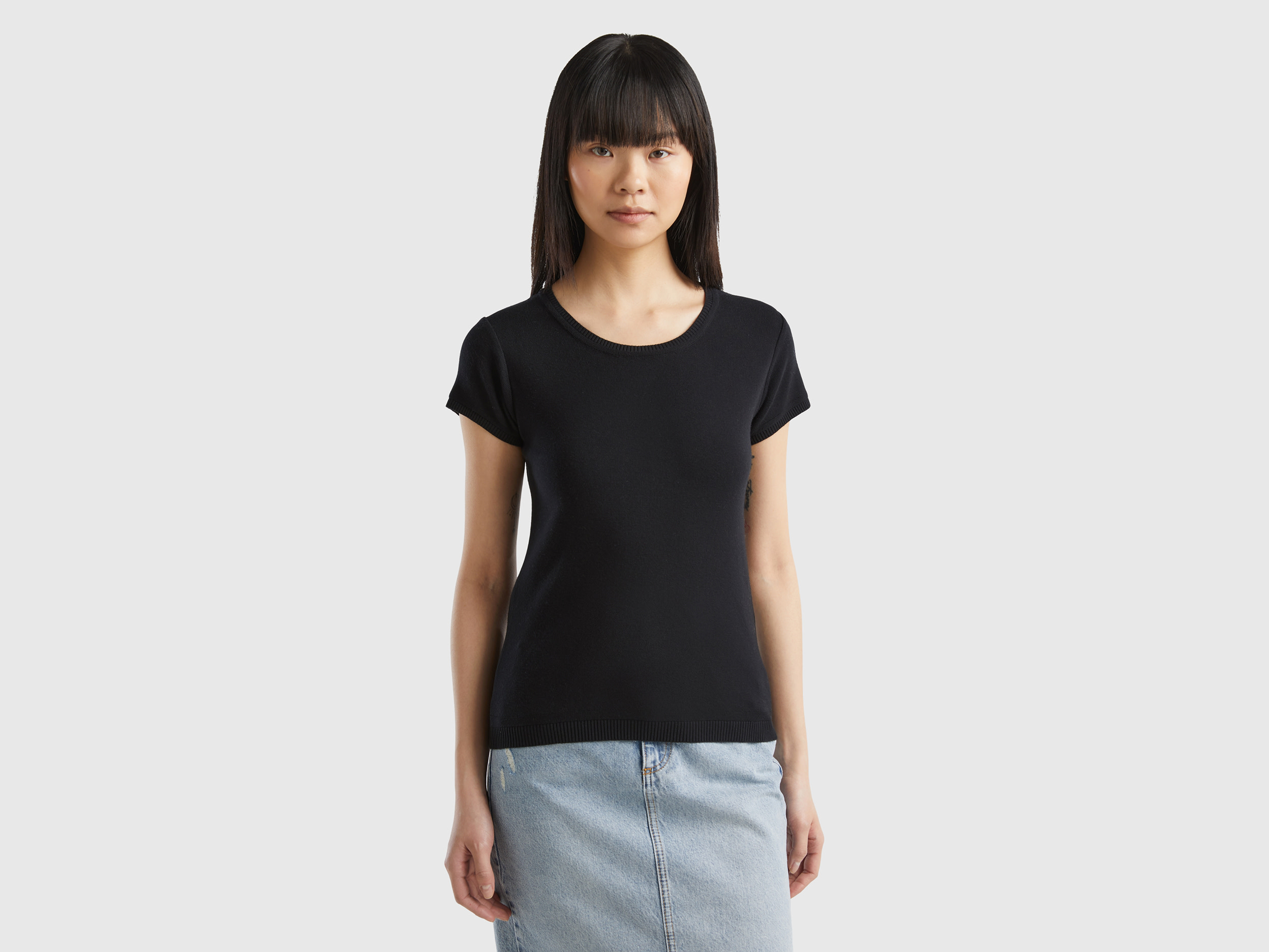 Benetton Online exclusive, Maglia A Manica Corta In 100% Cotone, Nero, Donna