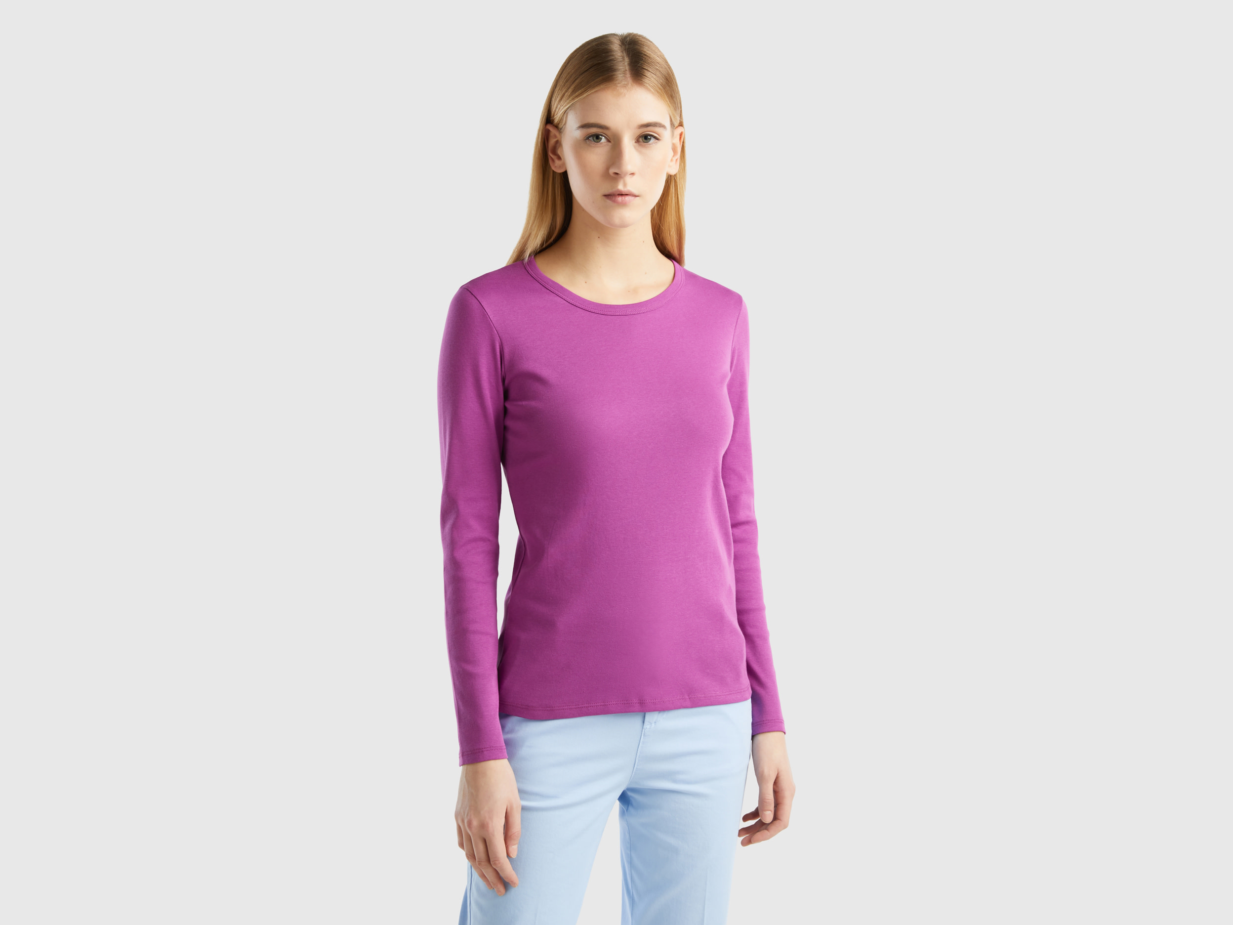 Benetton, Long Sleeve Pure Cotton T-shirt, size L, Violet, Women