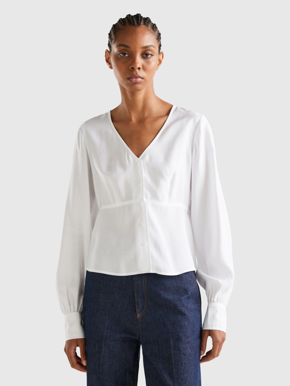 Benetton, V-neck Shirt In 100% Cotton, White, Women