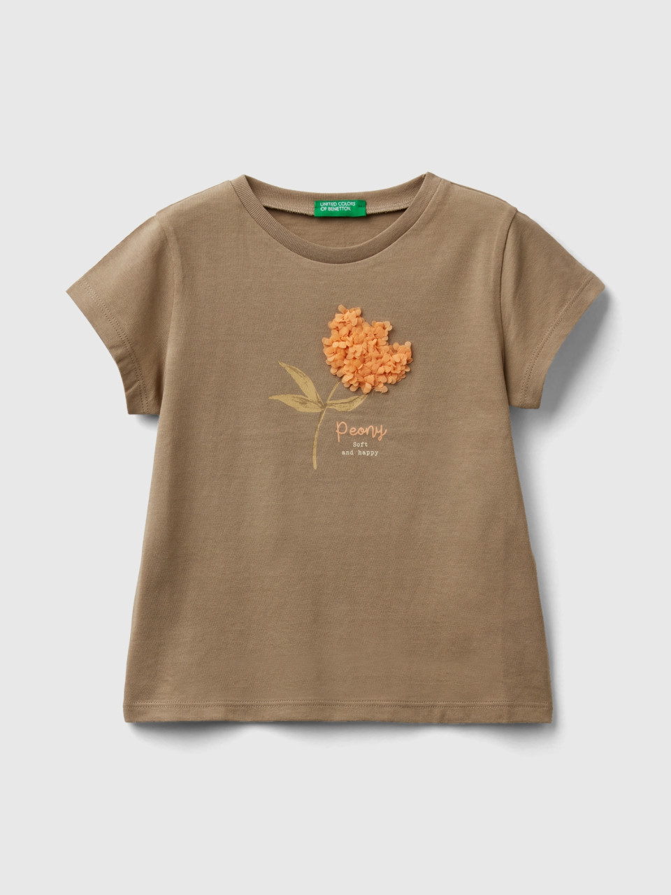 Benetton, T-shirt With Petal Effect Applique, Brown, Kids
