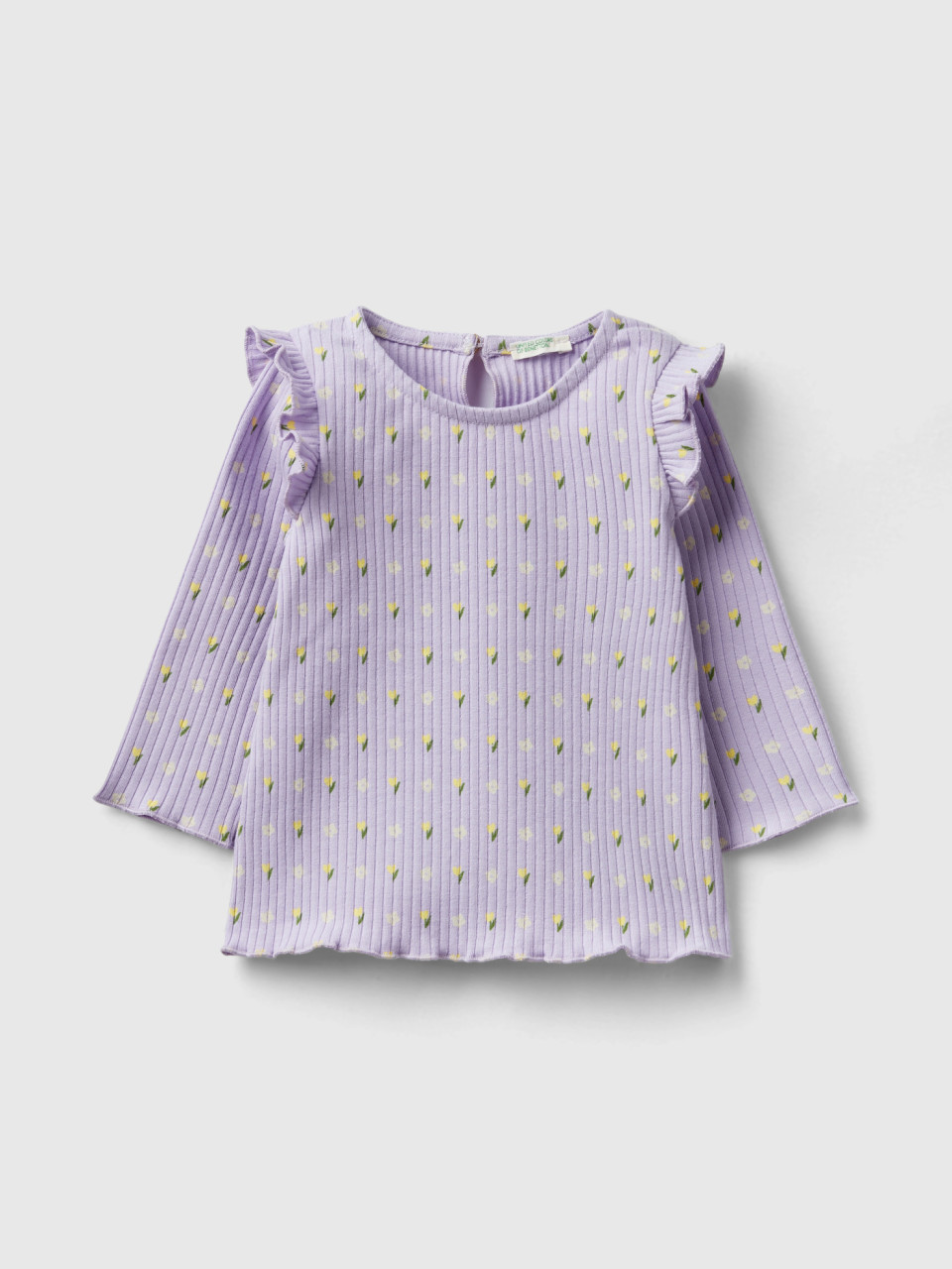 Benetton, T-shirt With Rouches And Flowers, Lilac, Kids
