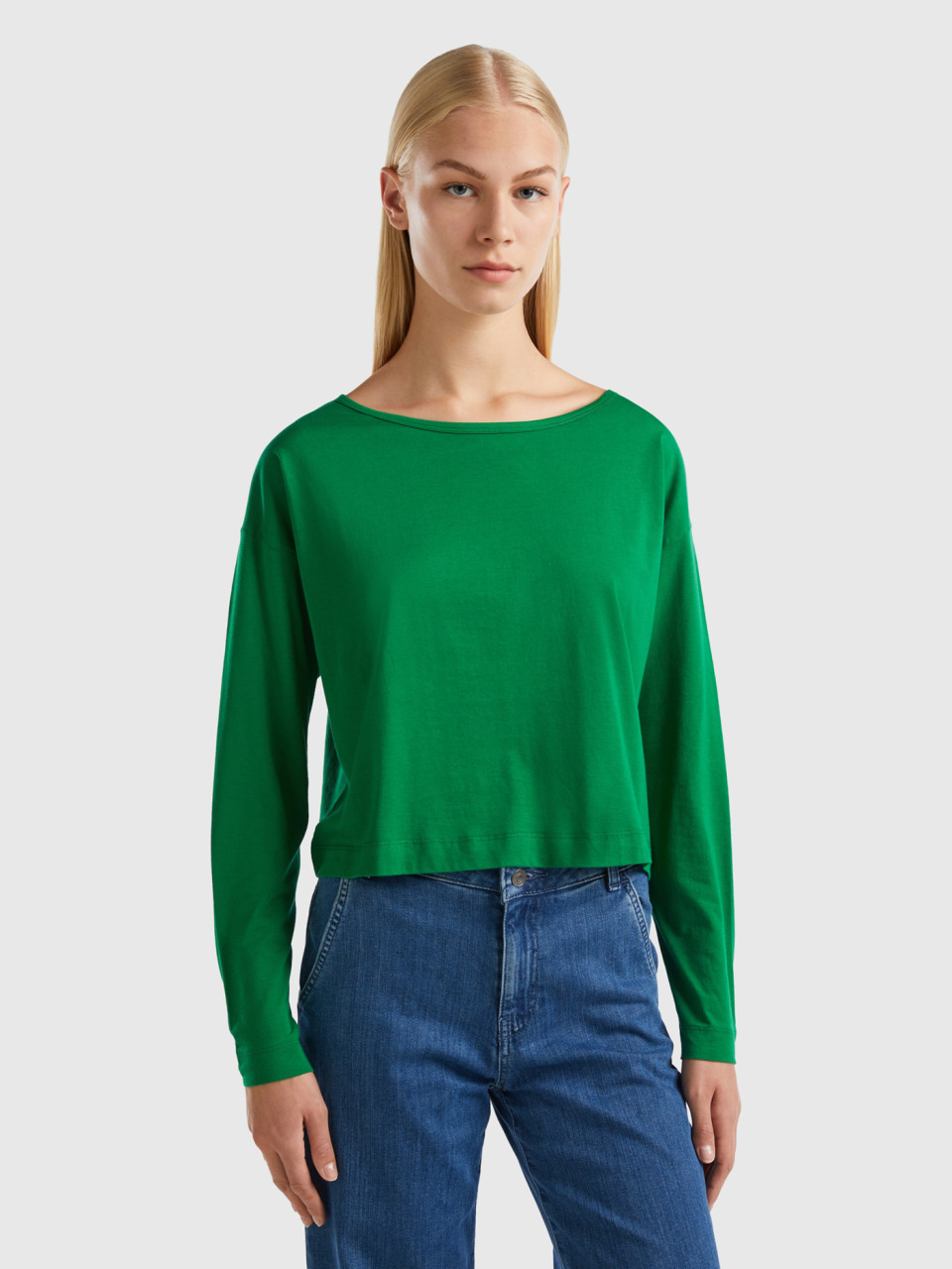 Benetton, T-shirt Vert Forêt En Coton À Fibre Longue, Vert, Femme
