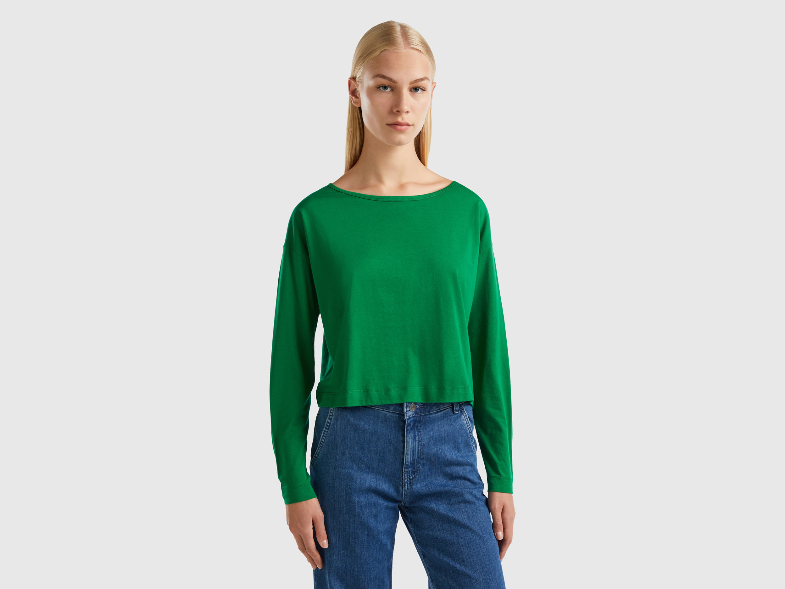 Benetton, Forest Green Long Fiber Cotton T-shirt, size L, Green, Women