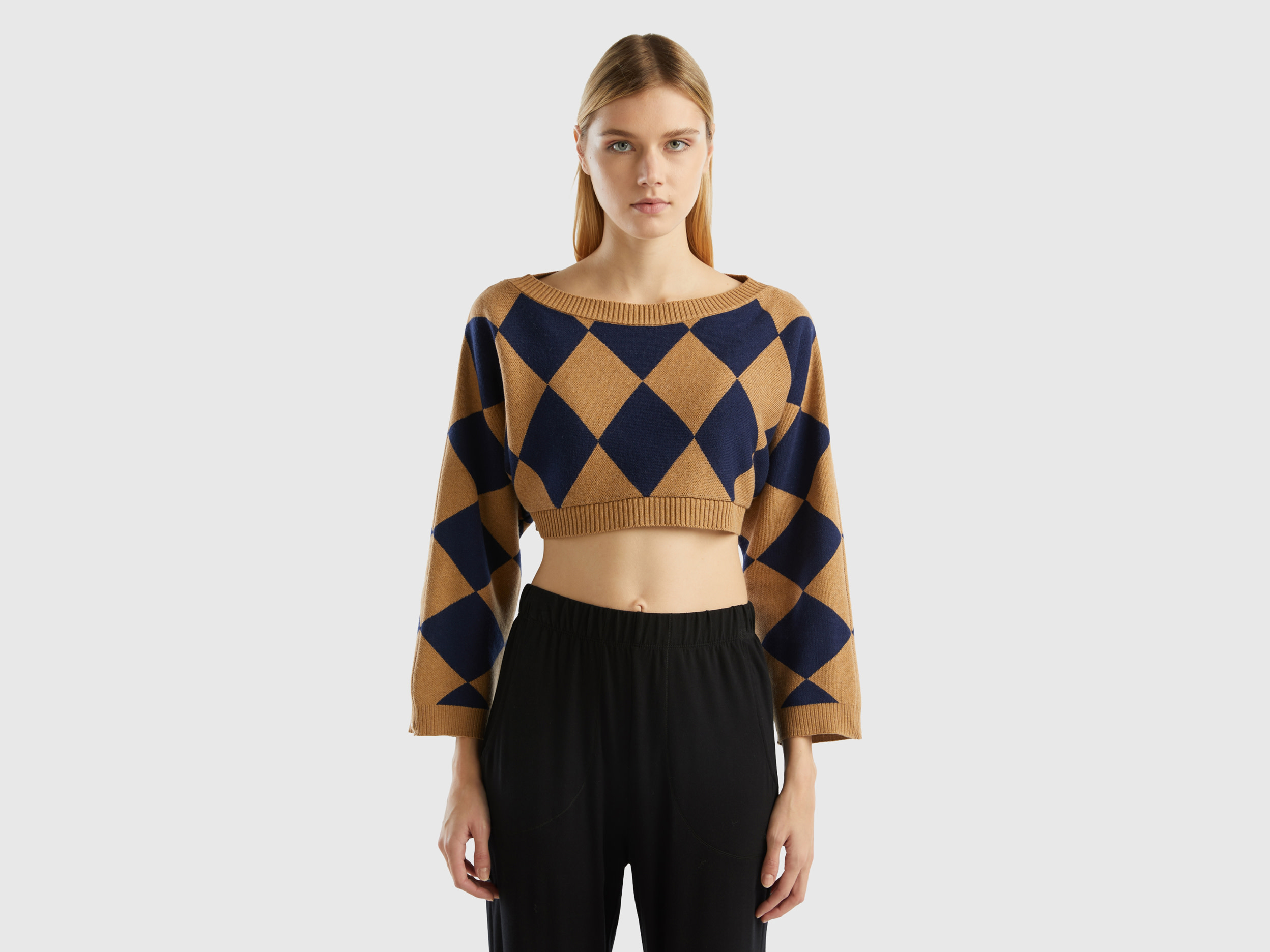 Benetton, Cropped Diamond-patterned Sweater, size M-L, Camel, Women