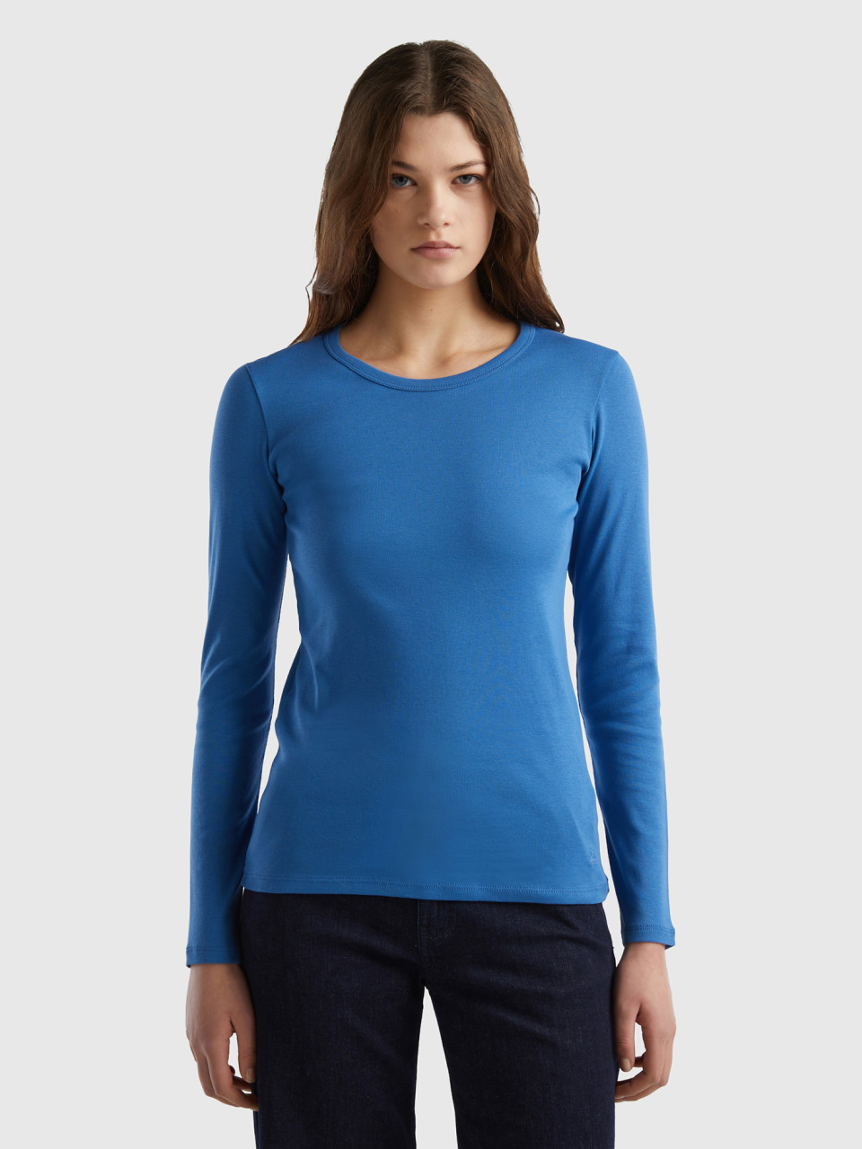 Benetton, T-shirt Manches Longues En Pur Coton, Bleu, Femme