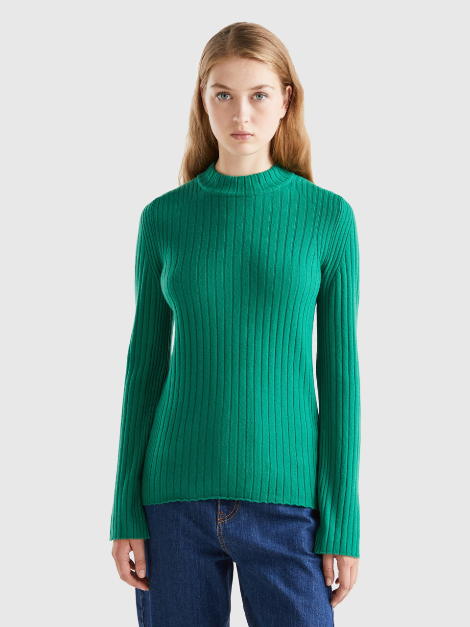 Benetton, Turtleneck Sweater With Slits, Green, Women