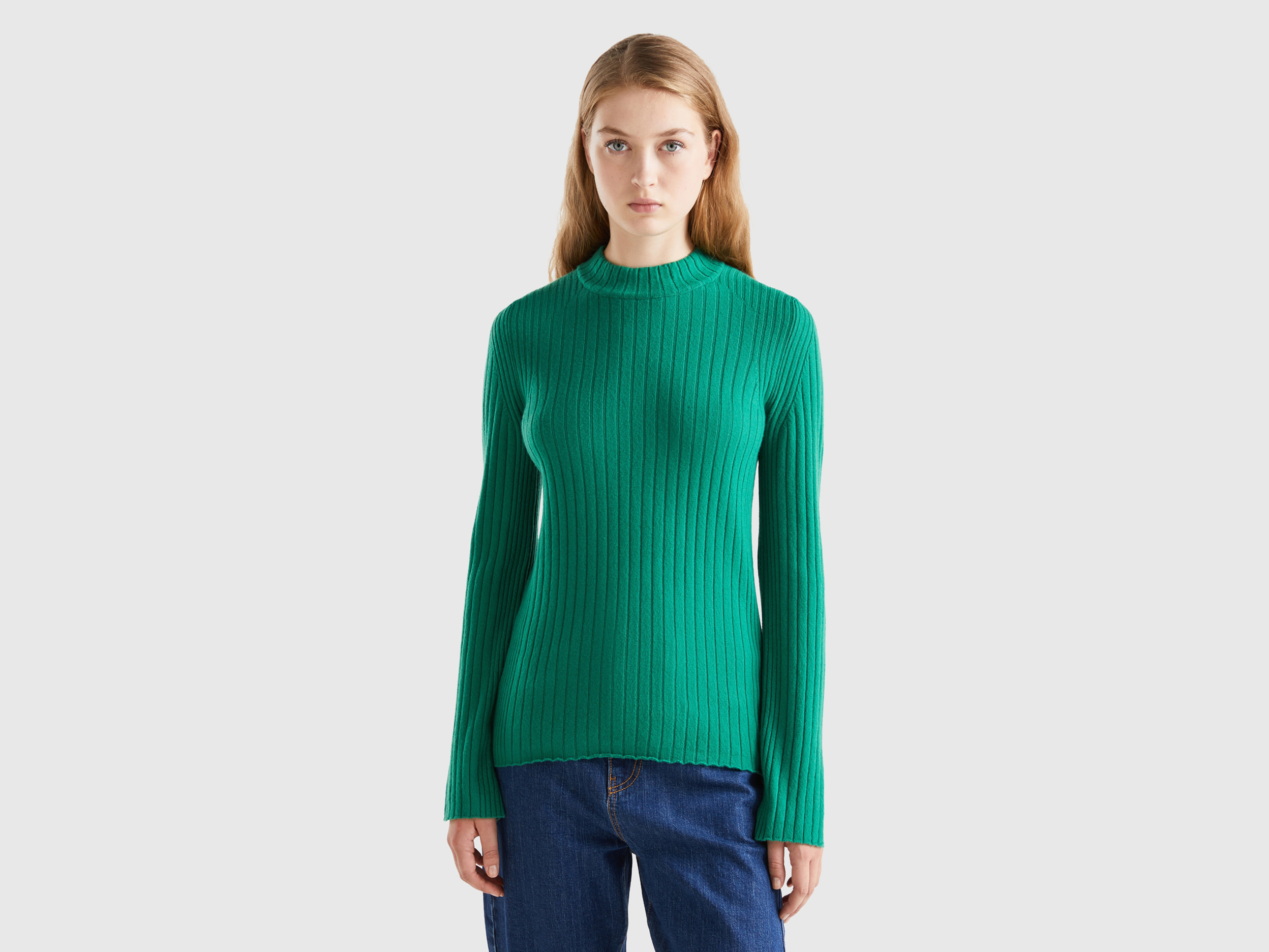 Benetton, Turtleneck Sweater With Slits, size M, Green, Women