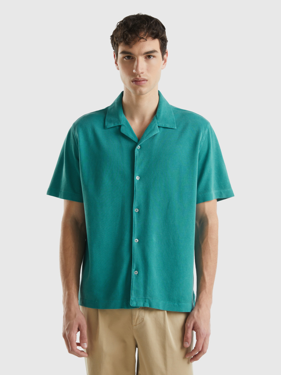 Benetton, Organic Cotton Pique Shirt, Teal, Men