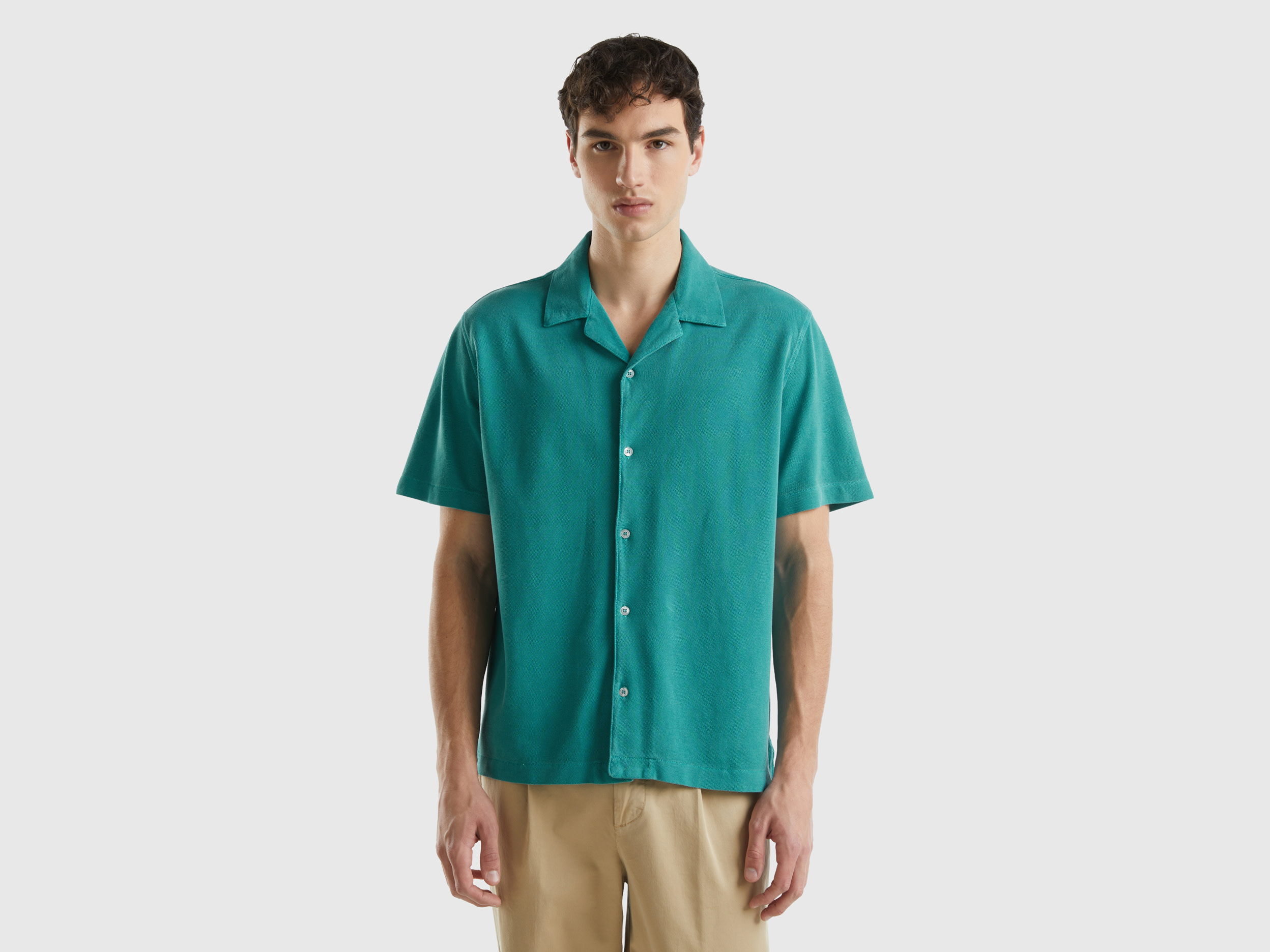 Image of Benetton, Organic Cotton Pique Shirt, size S, Teal, Men