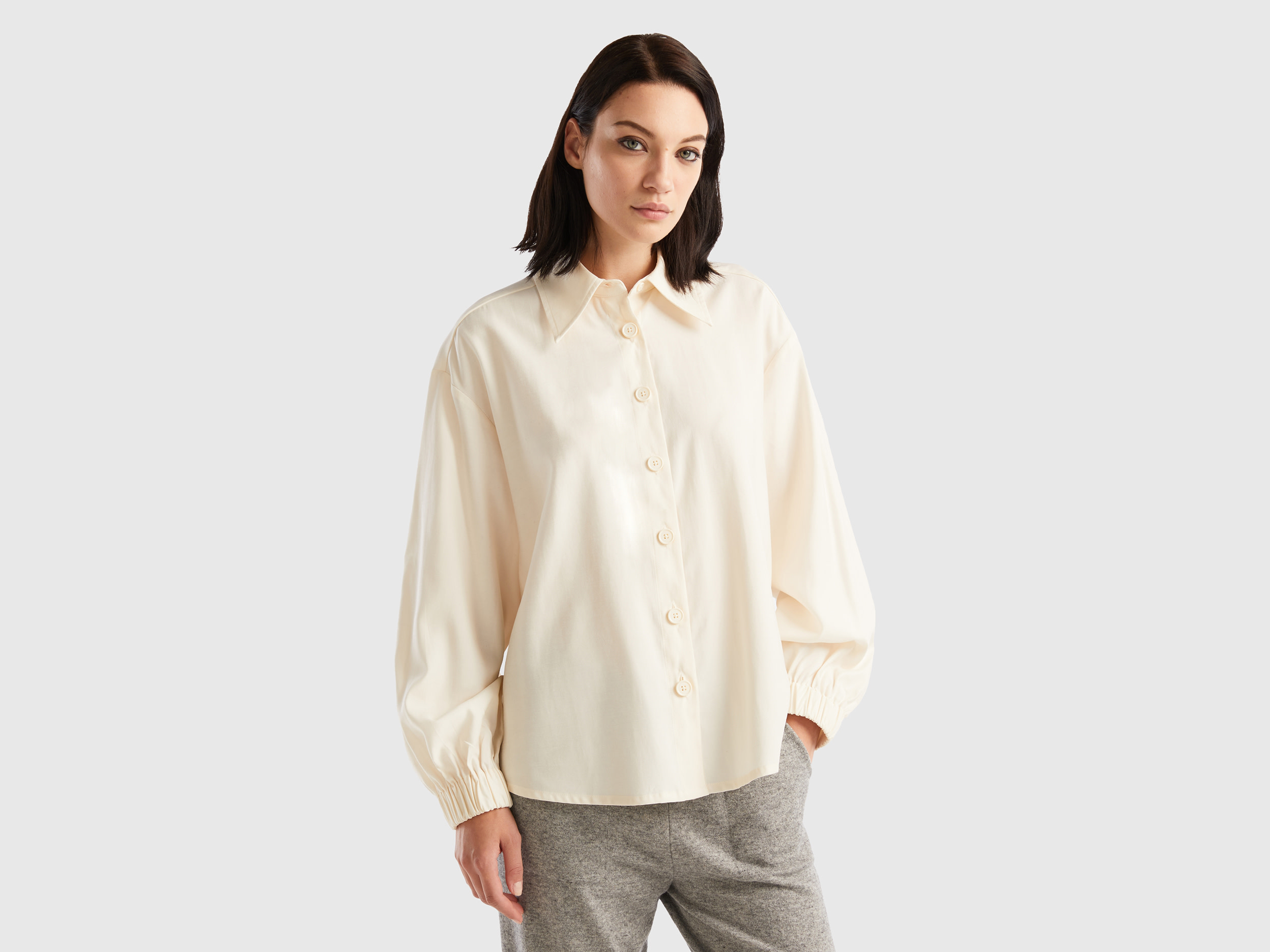 Benetton, Viscose And Linen Shirt, size L, Creamy White, Women