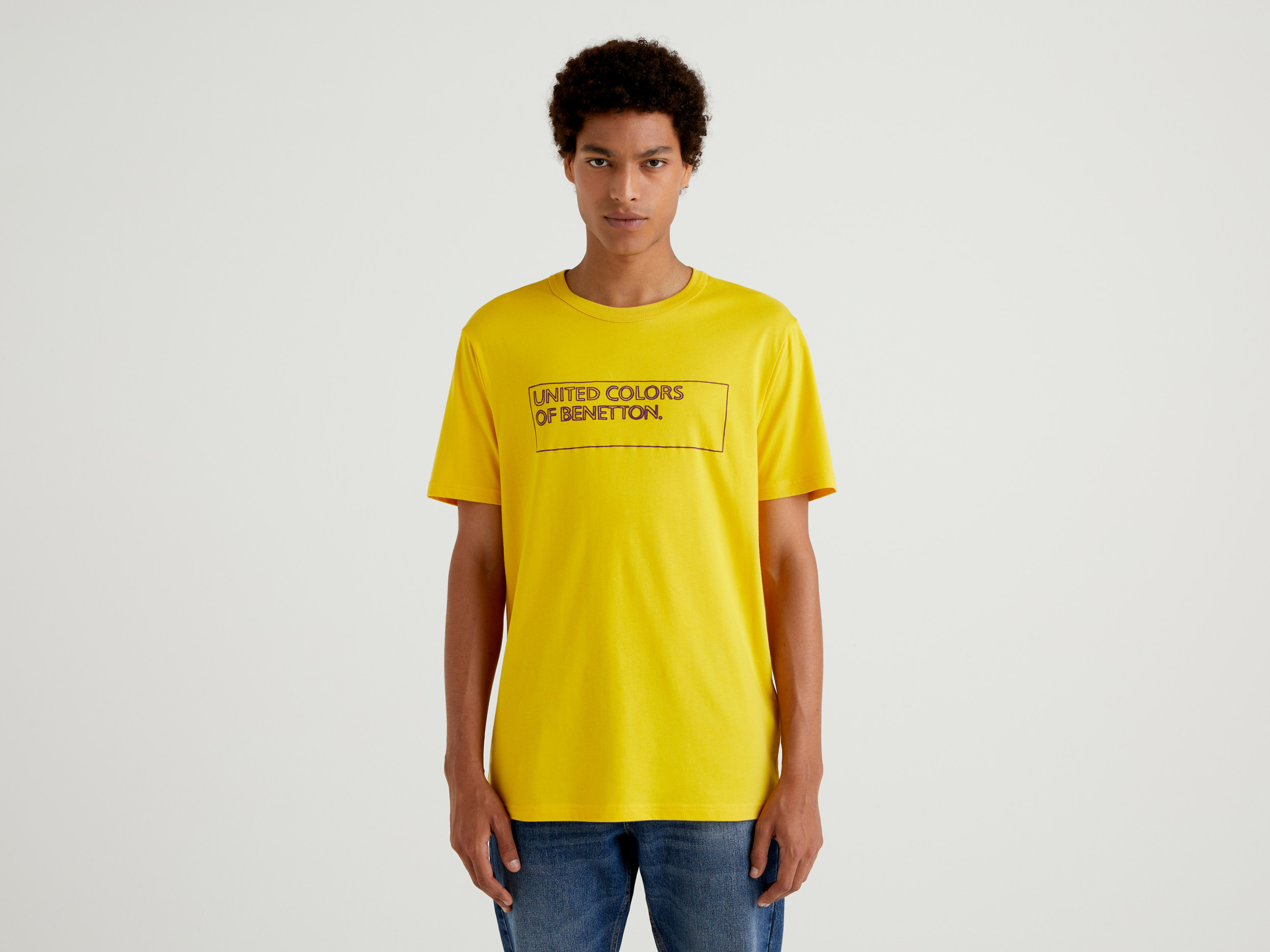 Benetton, T-shirt Jaune En Coton Bio À Imprimé Logo, taille XXL, Jaune, Homme
