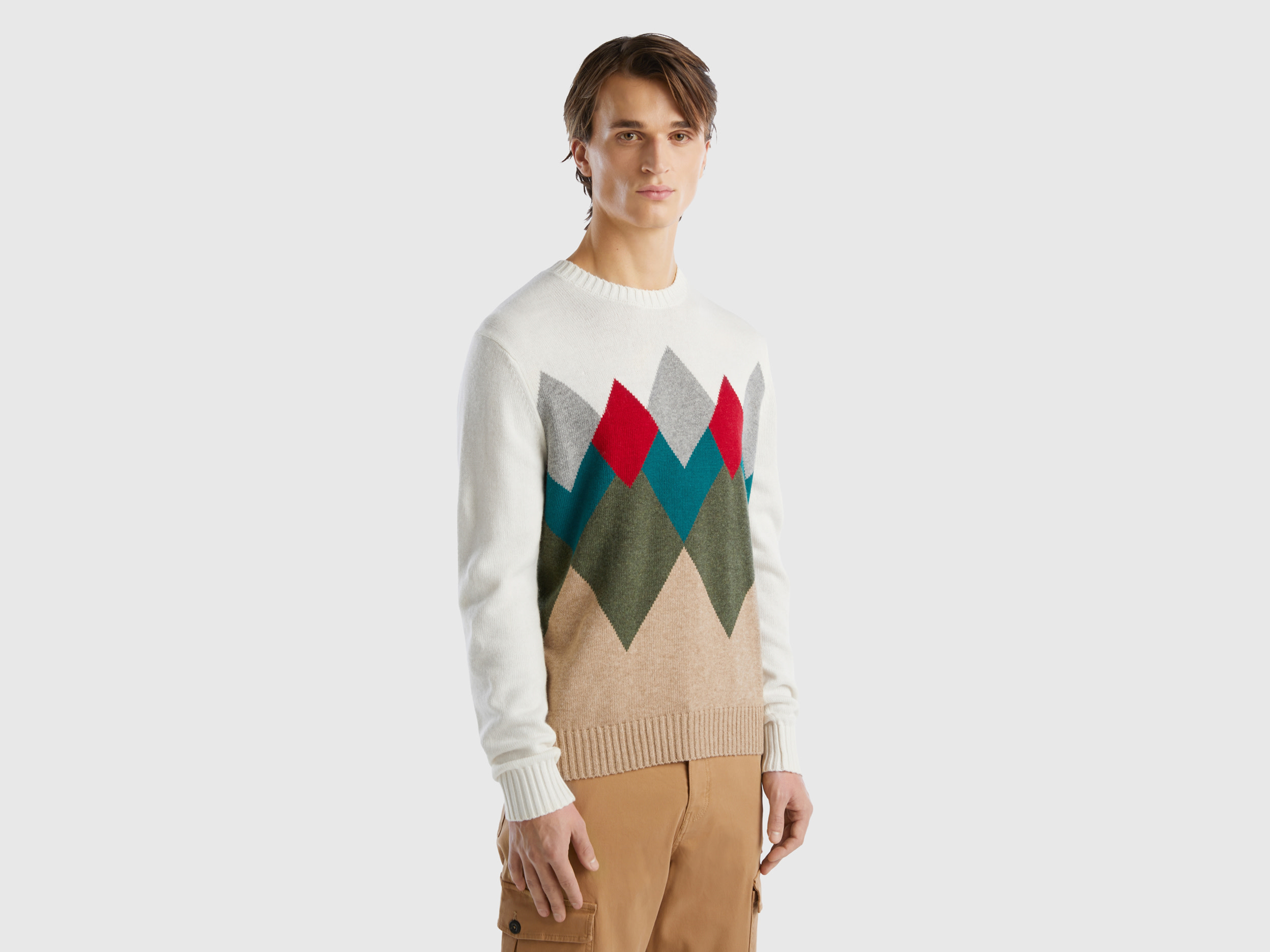 Benetton, Sweater With Geometric Pattern, size XXL, White, Men