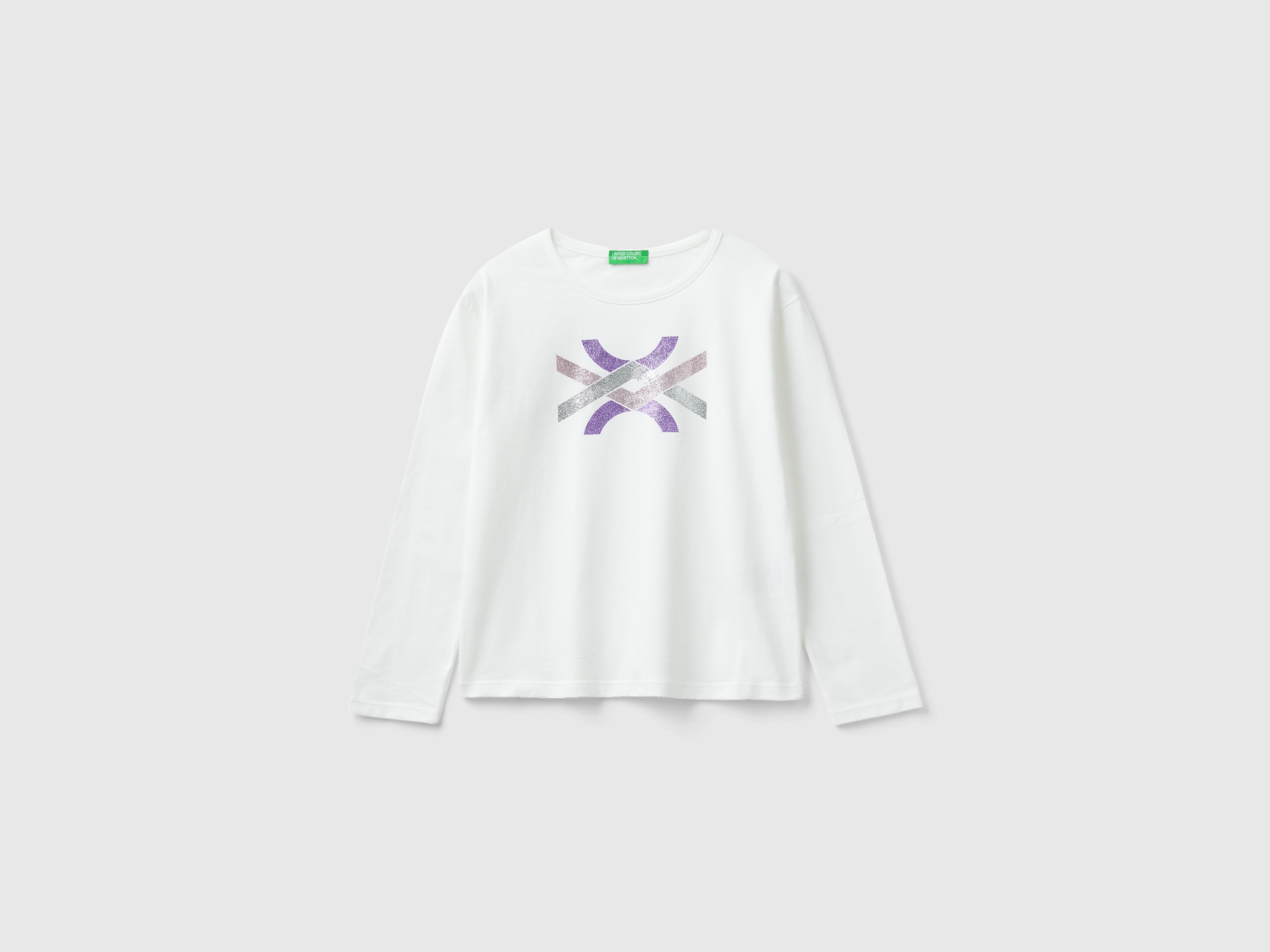 Benetton, T-shirt In Warm Organic Cotton With Glitter, size L, White, Kids