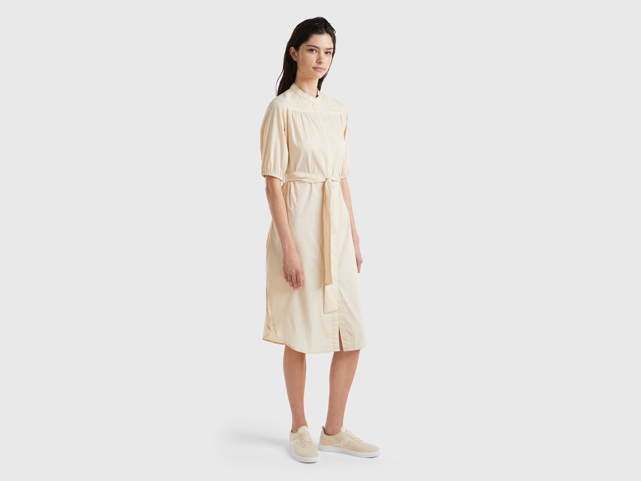 Benetton, Chemisier Midi Con Fusciacca, Beige, Donna