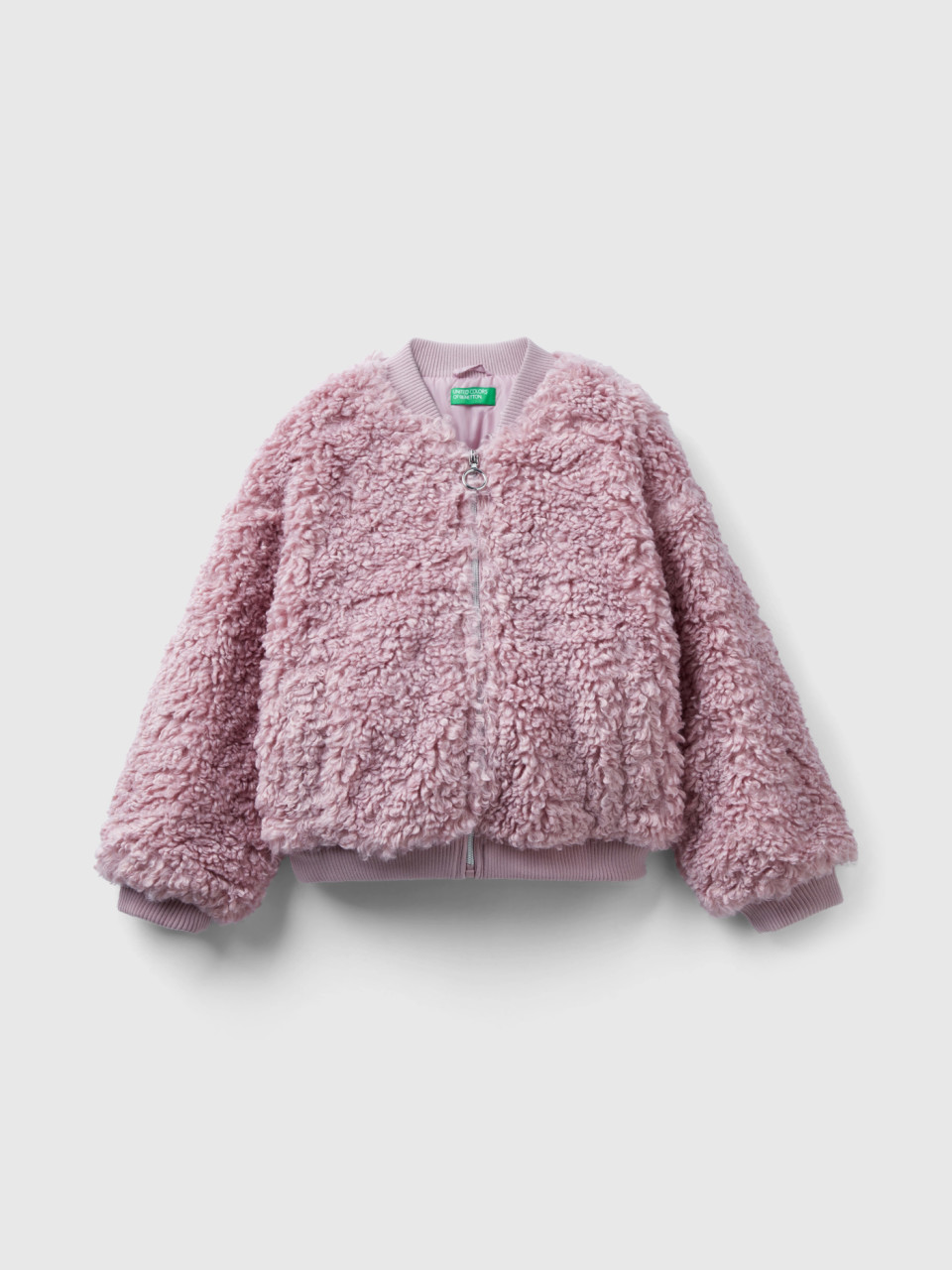 Benetton, Oversized Bomber Jacket In Faux Fur, Pink, Kids