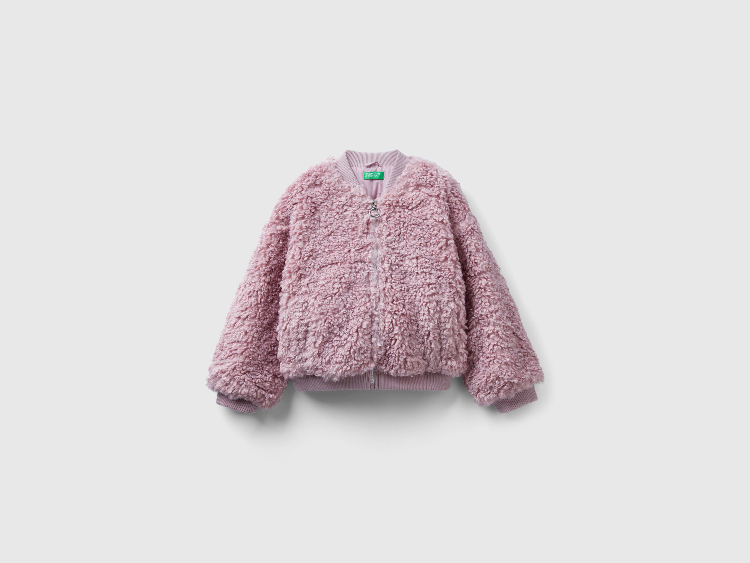 Benetton, Oversized Bomber Jacket In Faux Fur, size S, Pink, Kids