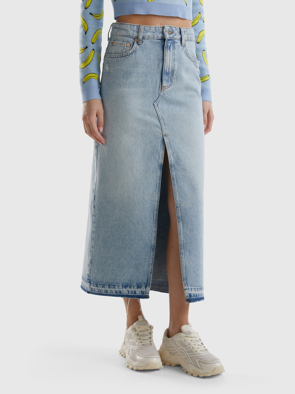 Benetton, Long Denim Skirt, Light Blue, Women
