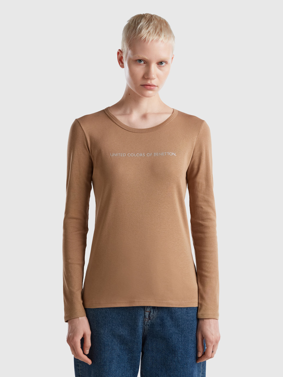 Benetton, Long Sleeve Camel T-shirt, Camel, Women