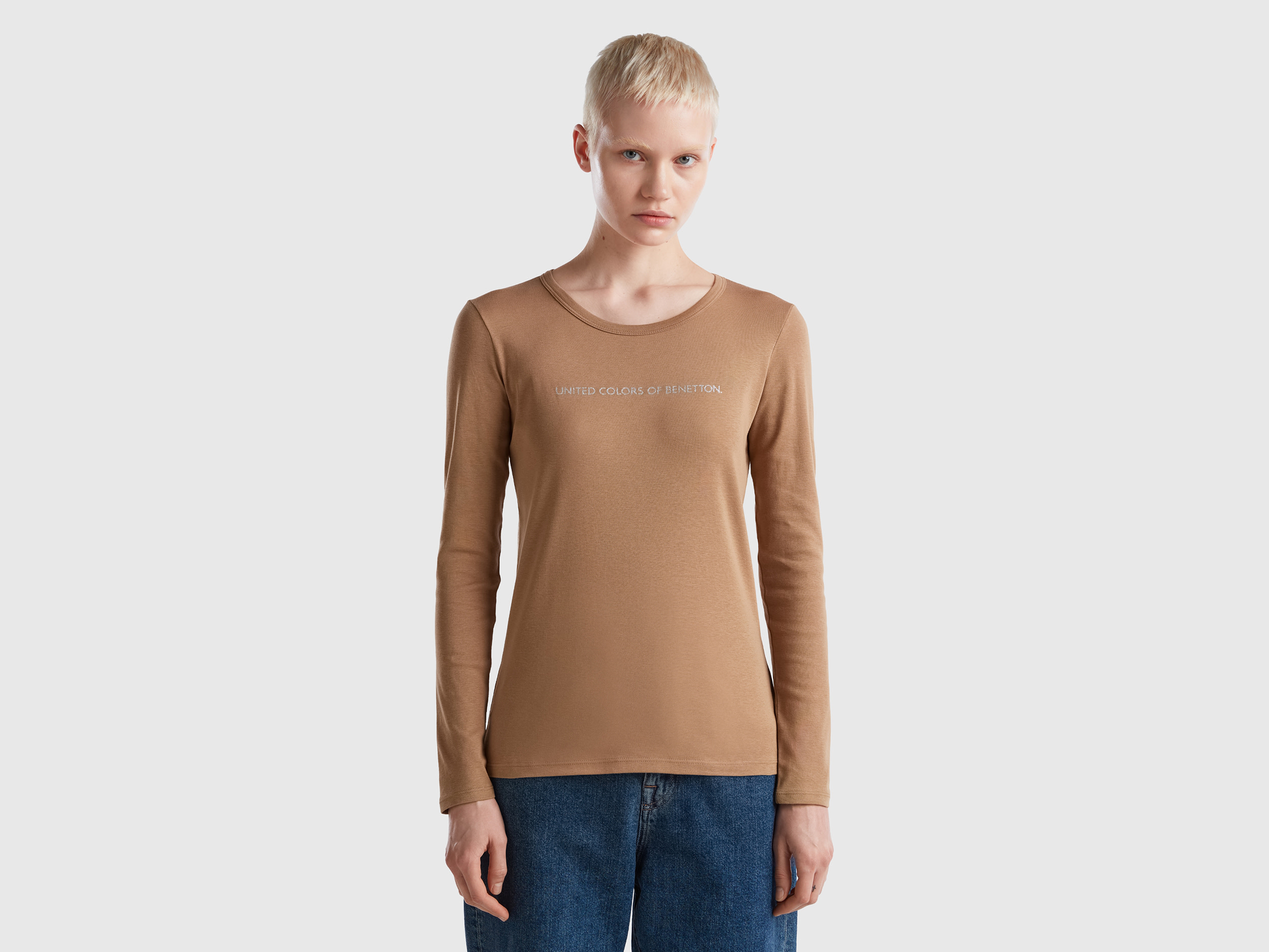 Benetton, Long Sleeve Camel T-shirt, size XL, Camel, Women
