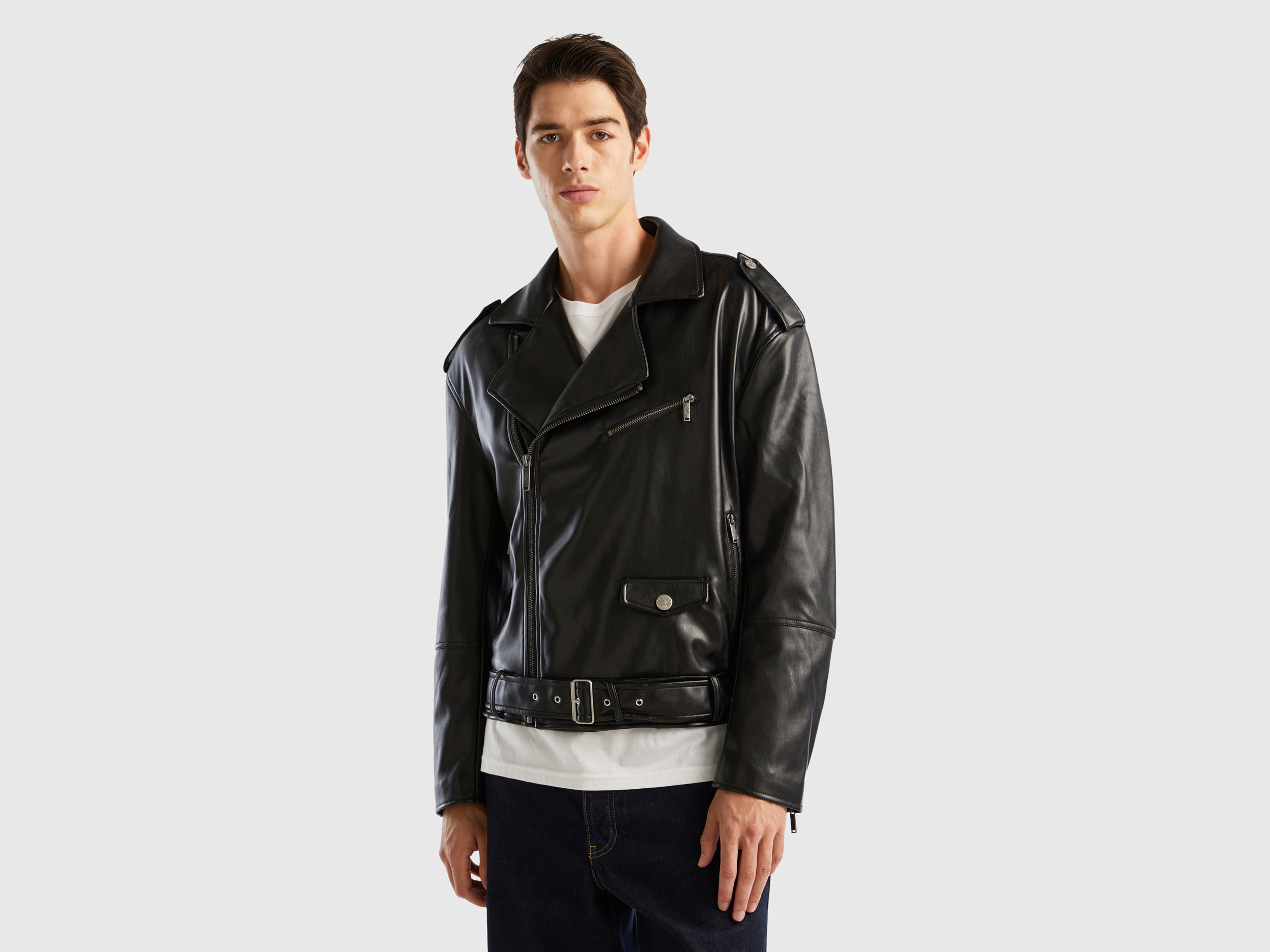 Benetton, Biker Jacket In Imitation Leather, size XL, Black, Men