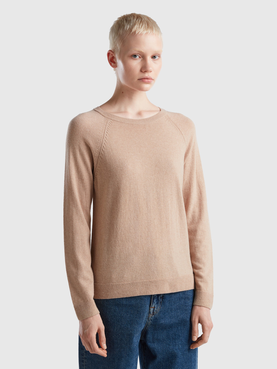 Benetton, Camel Crew Neck Sweater In Cashmere And Wool Blend, Beige, Women