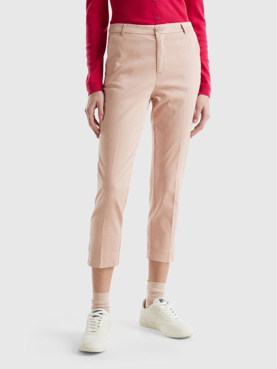 Benetton, Chino Cropped In Cotone Stretch, Rosa Carne, Donna