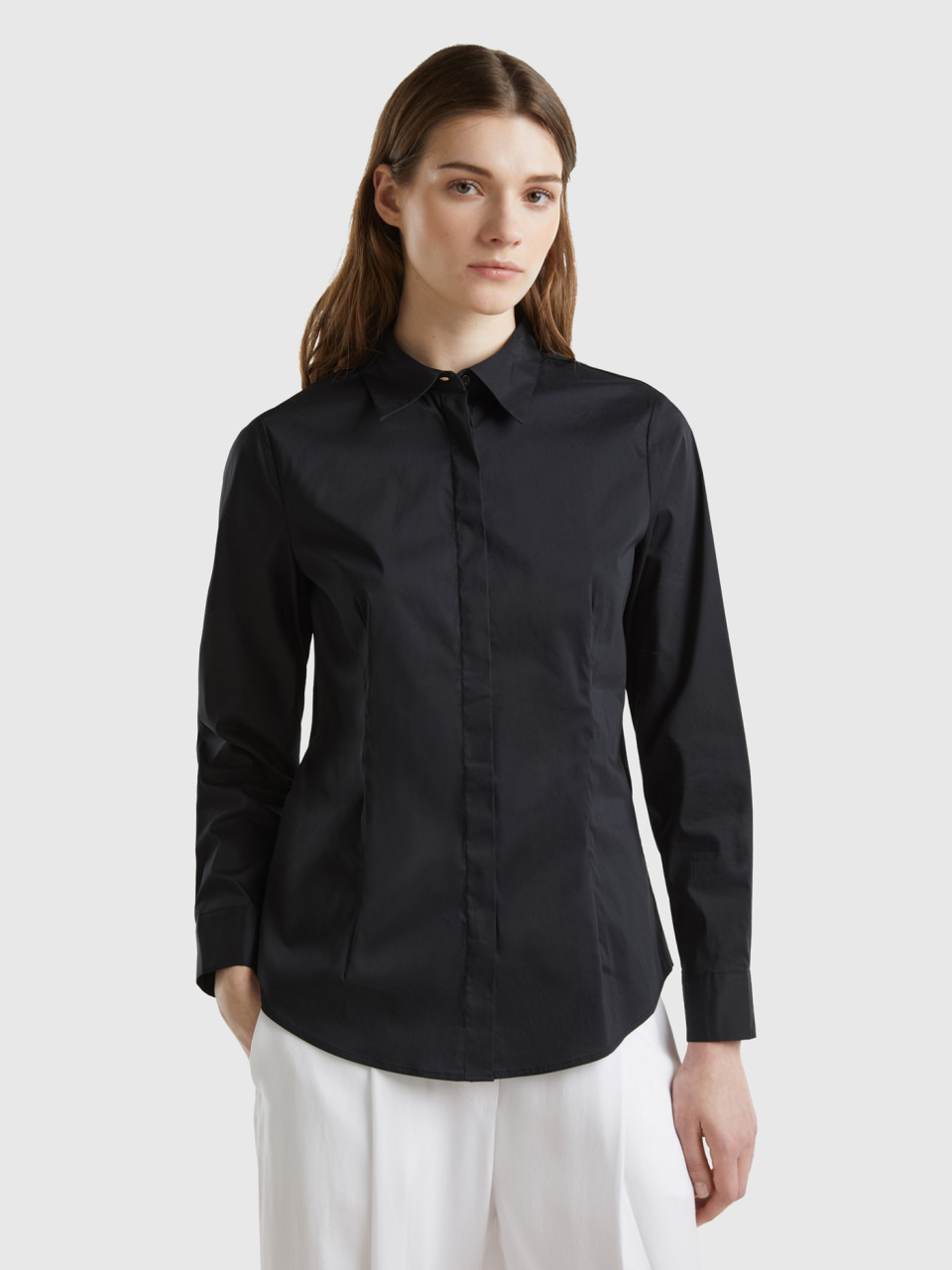 Benetton, Shirt In Stretch Cotton Blend, Black, Women
