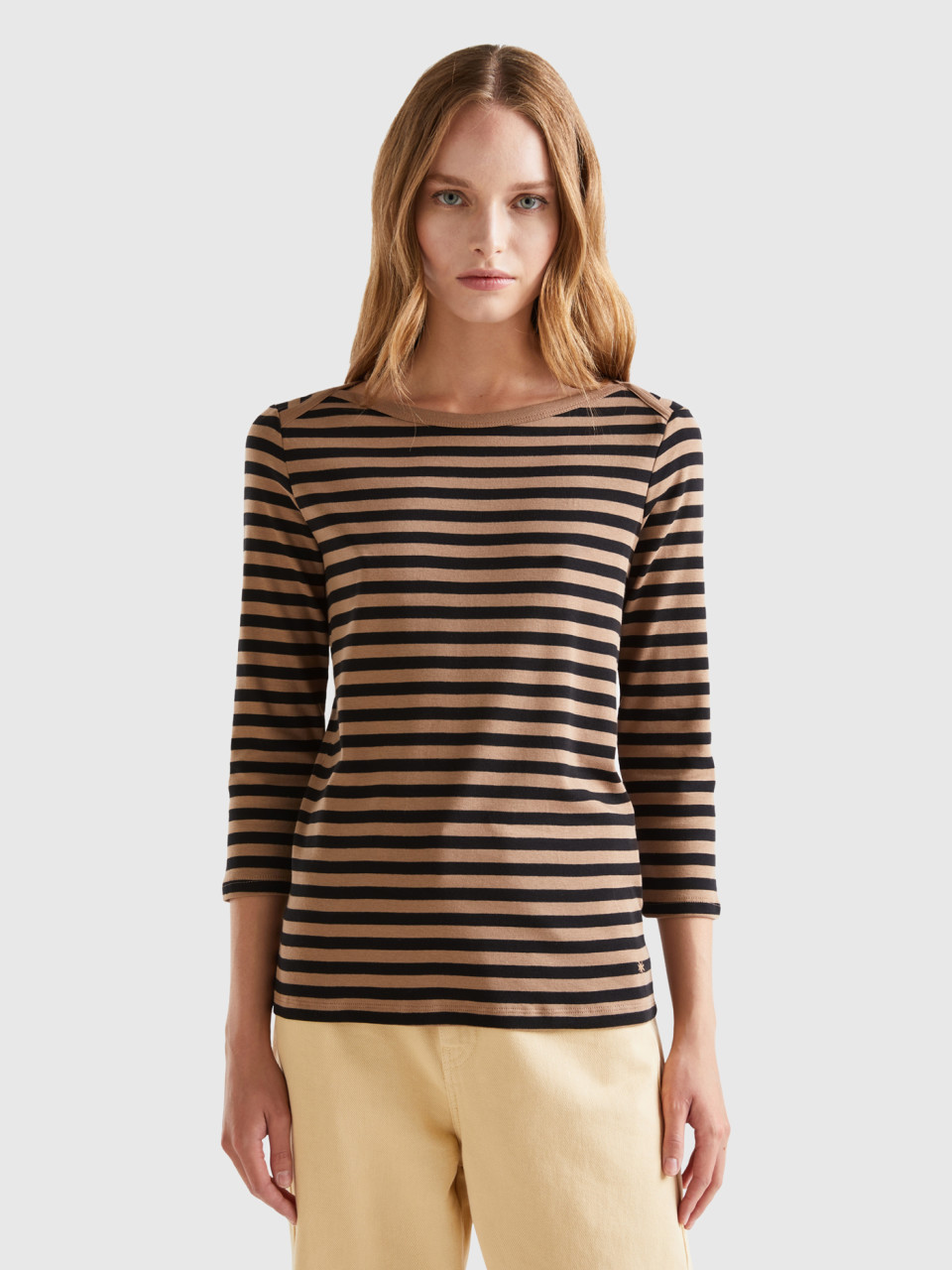 Benetton, Striped 3/4 Sleeve T-shirt In 100% Cotton, Camel, Women