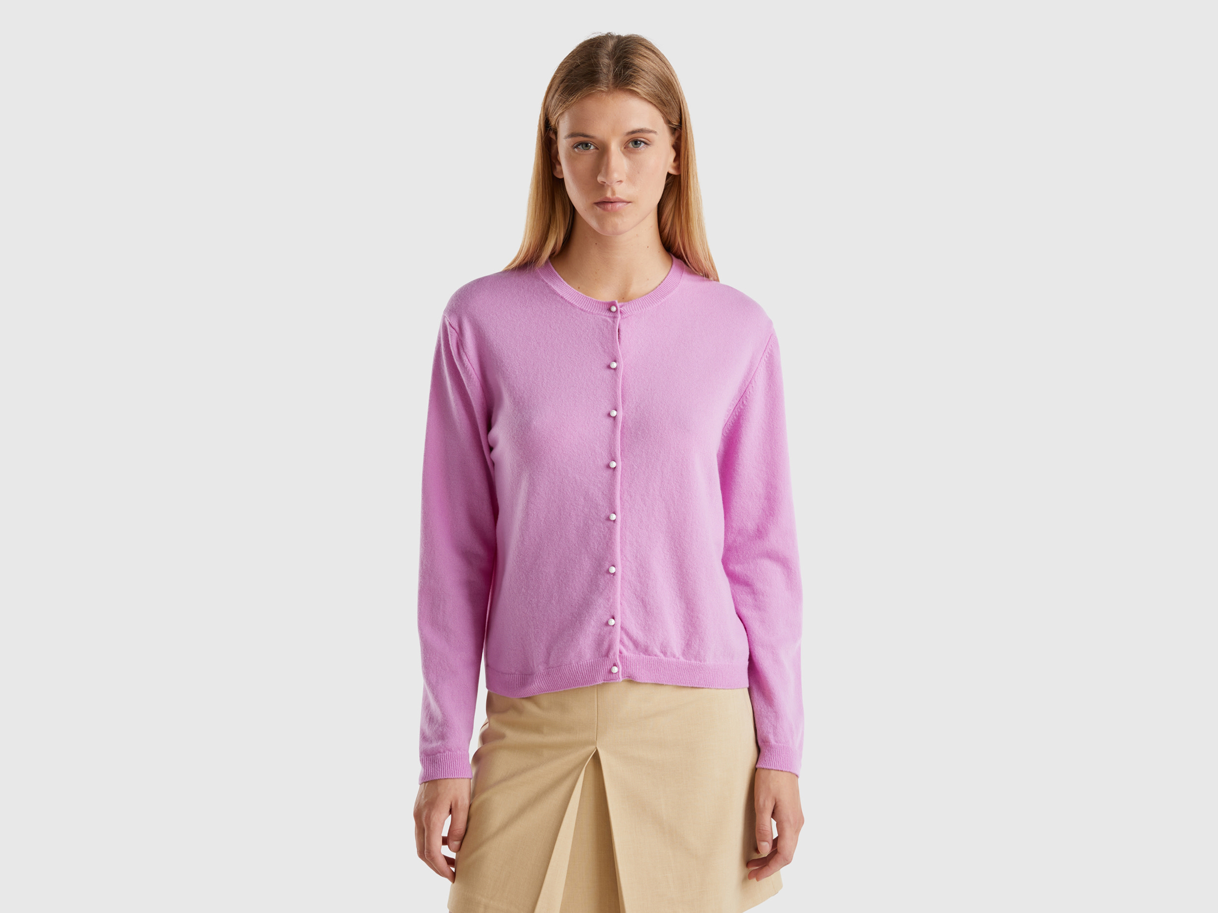 Benetton, Cardigan Lilla In Pura Lana Merino, Lilla, Donna