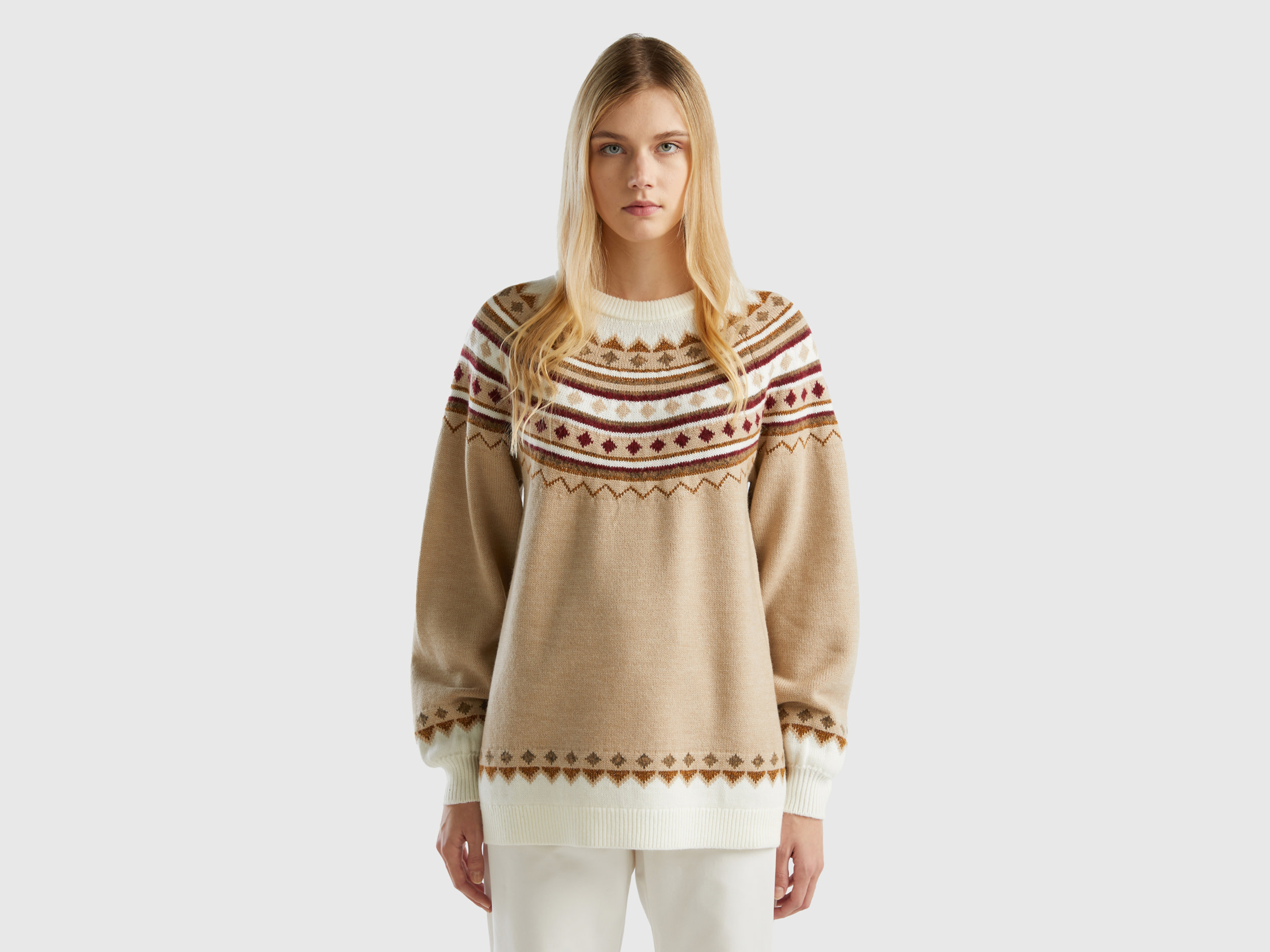 Benetton, Jacquard Sweater With Lurex, size XS-S, Creamy White, Women